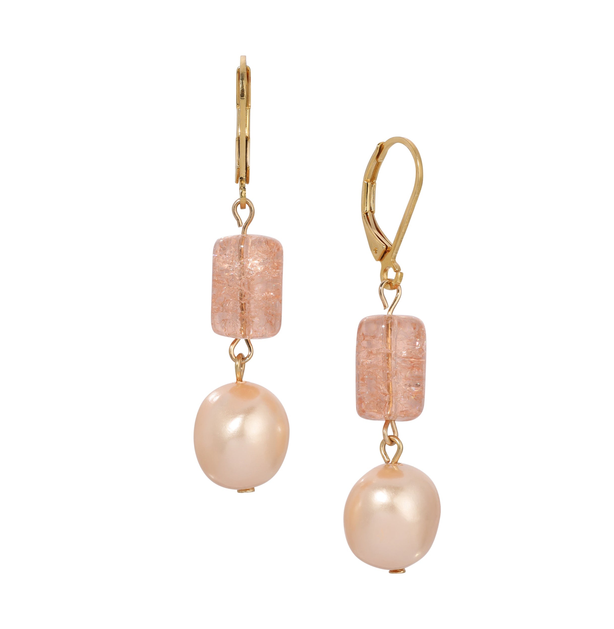 1928 Jewelry Peach Cracked Glass & Faux Pearl Dangling Earrings