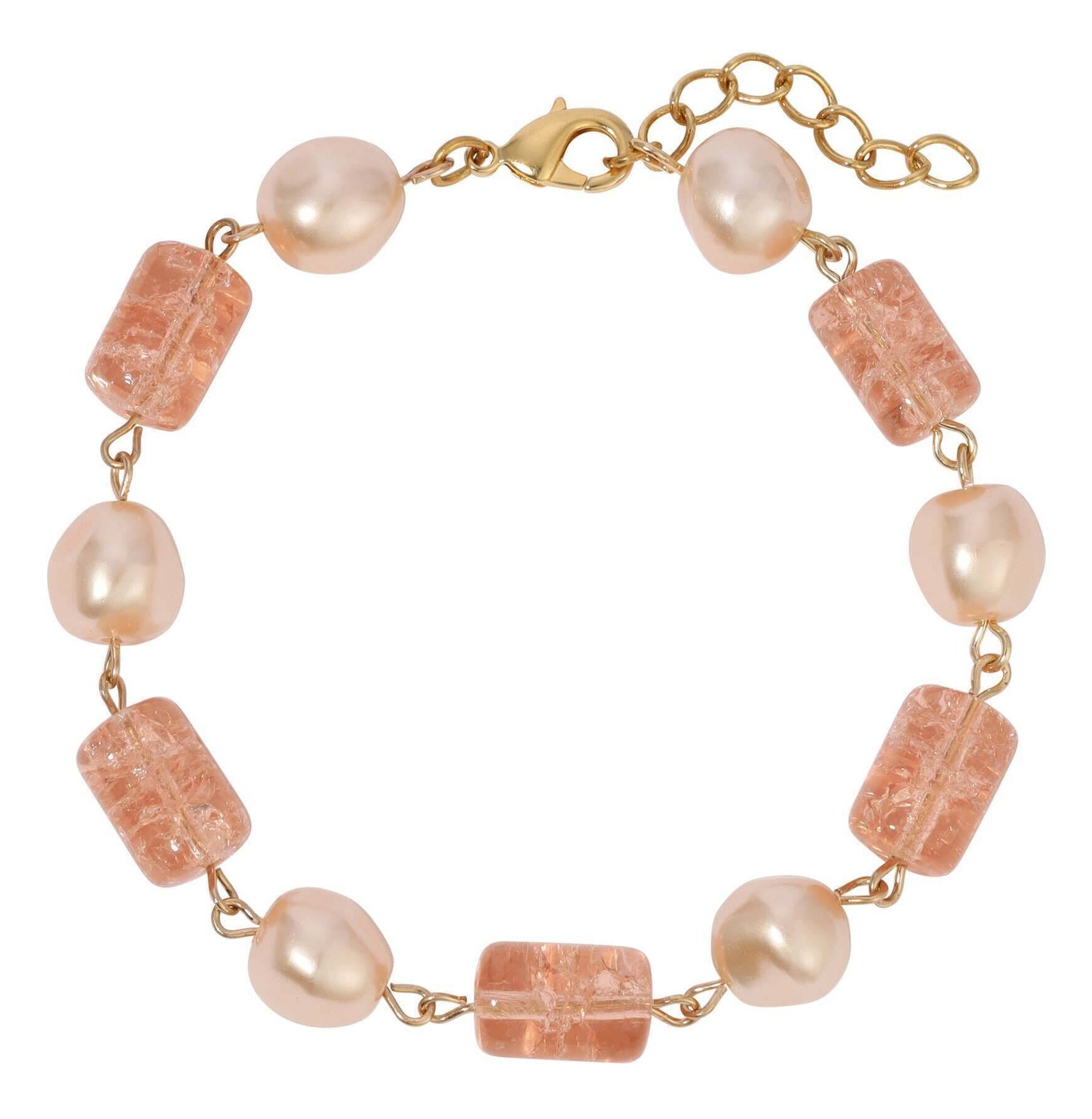 1928 Jewelry Beaded Peach Cracked Glass & Champagne Faux Pearl Link Bracelet