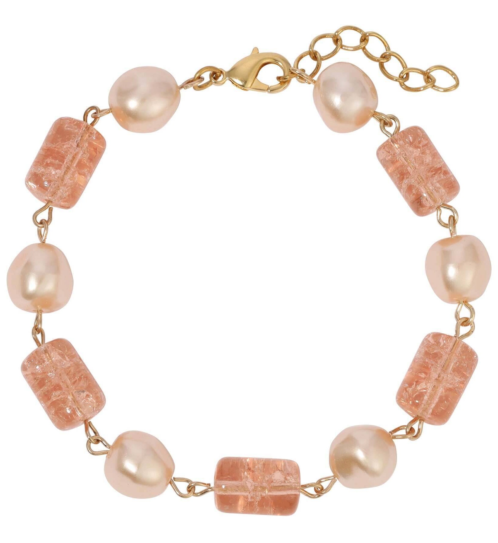 1928 Jewelry Beaded Peach Cracked Glass & Champagne Faux Pearl Link Bracelet