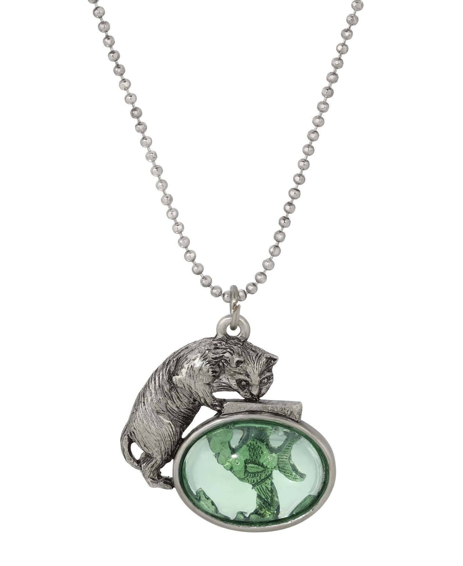 1928 Jewelry Whimsical Cat & Green Fish Pendant Ball Chain Necklace 18"