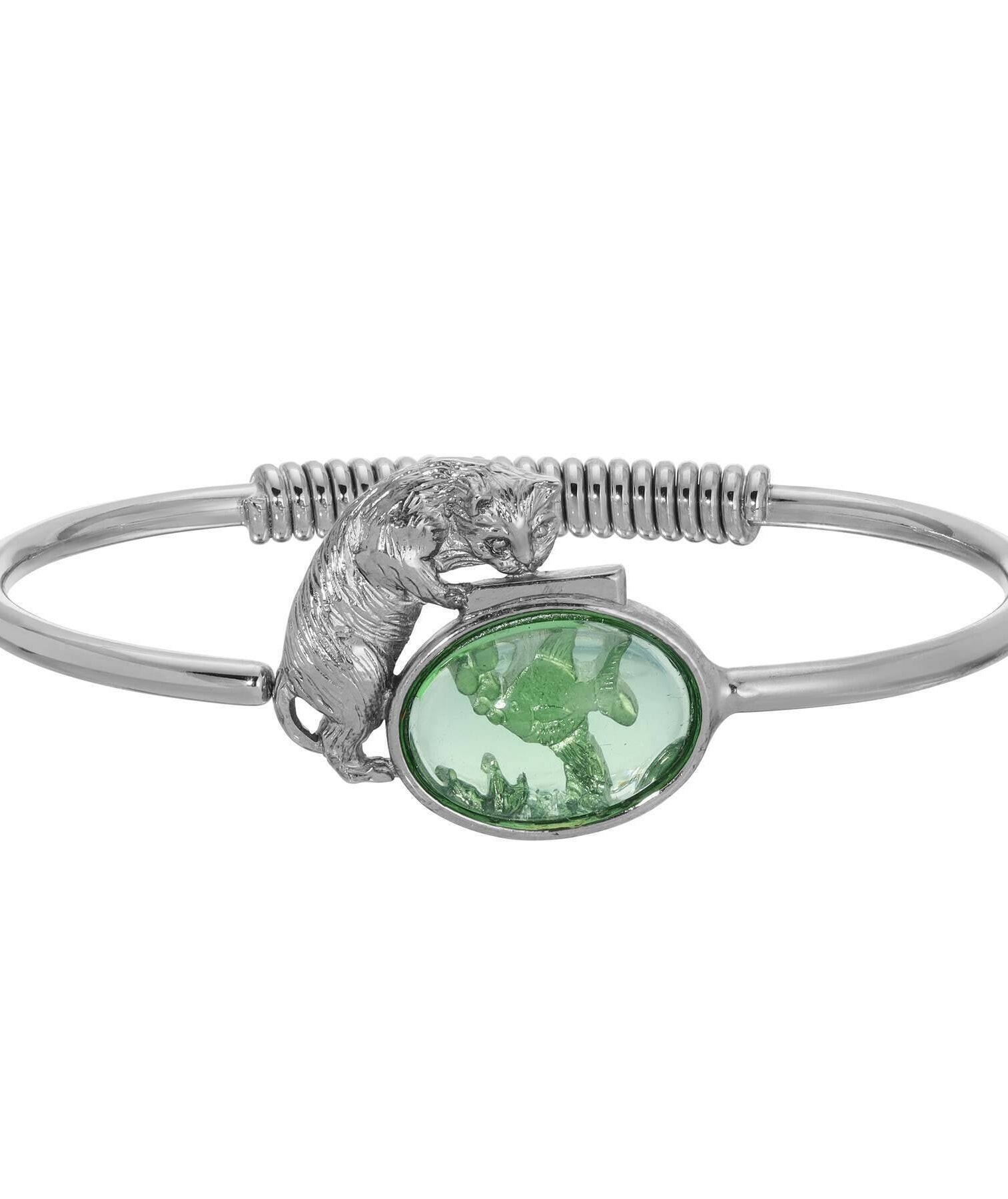 1928 Jewelry Whimsical Cat & Fish Bowl Spring Hinge Bracelet