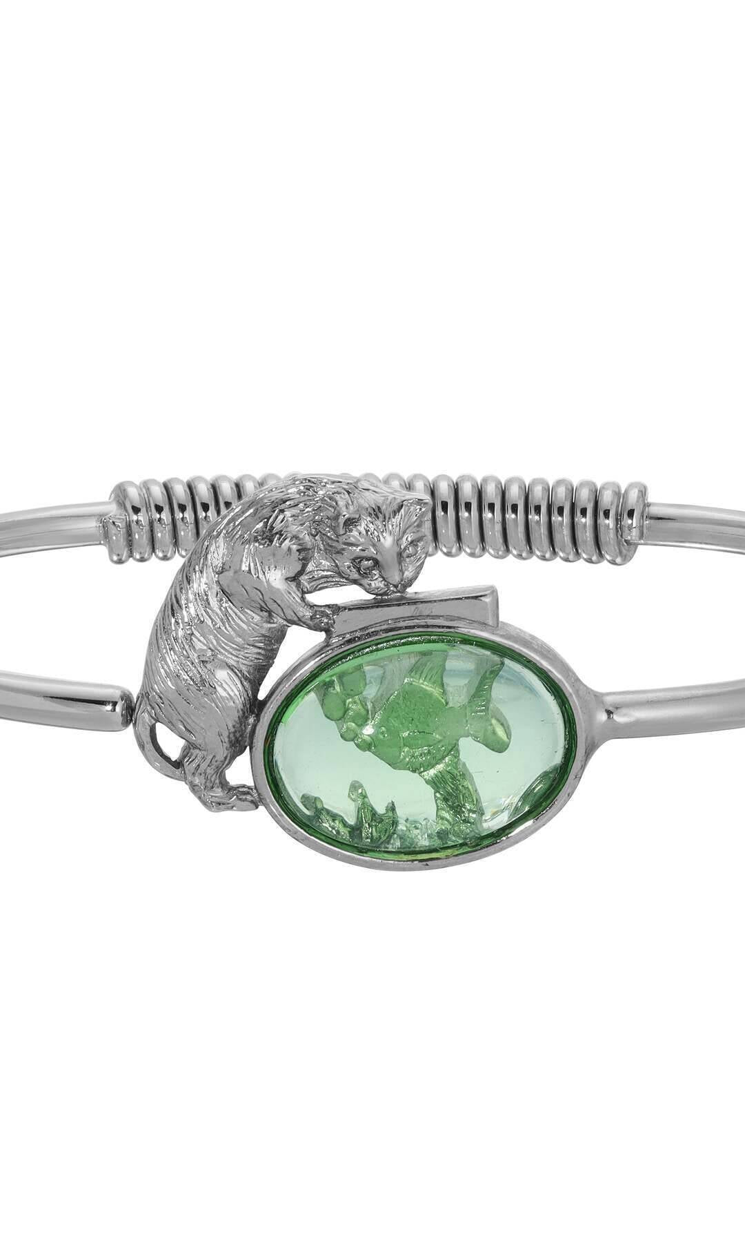 1928 Jewelry Whimsical Cat & Fish Bowl Spring Hinge Bracelet
