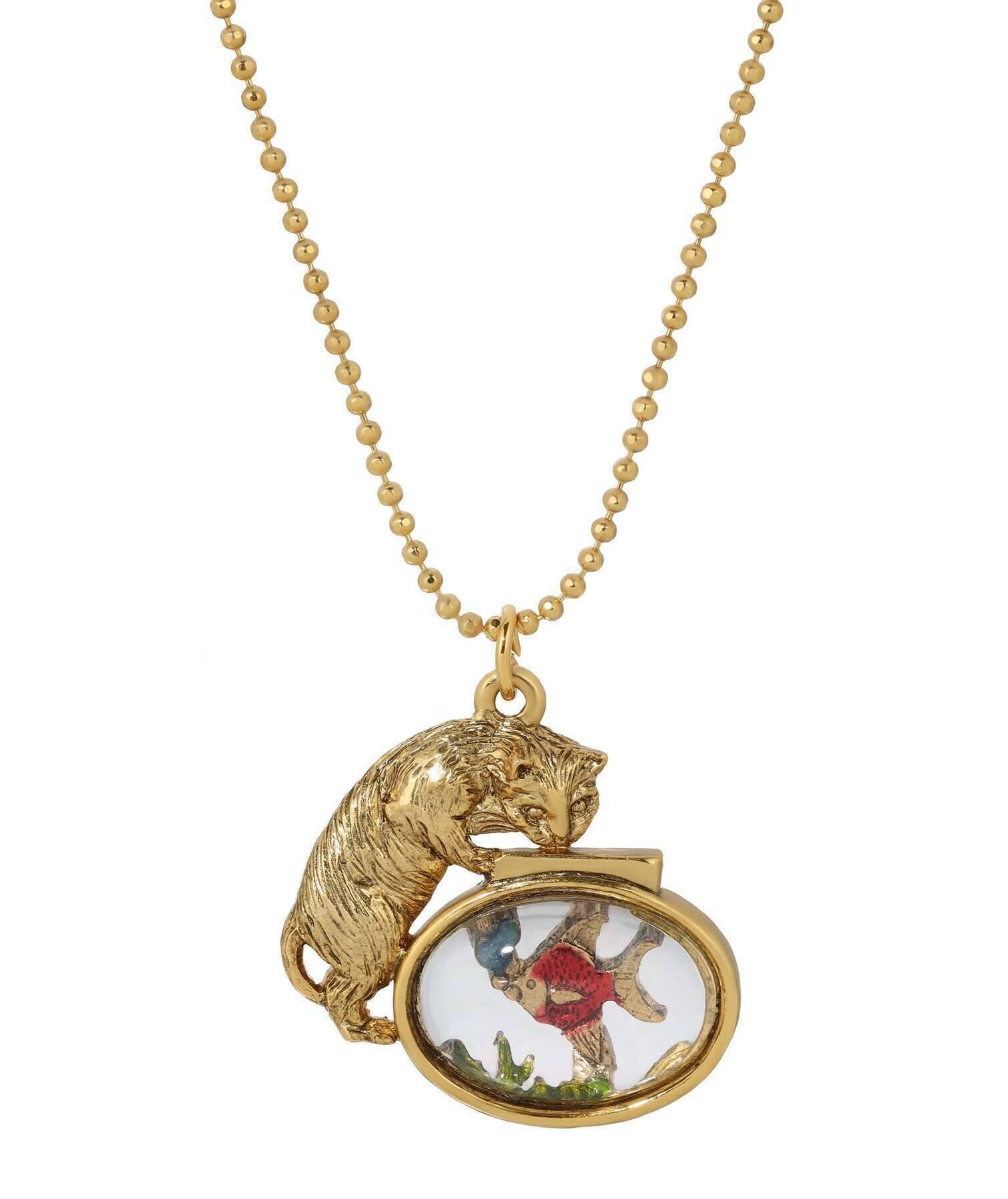 1928 Jewelry Whimsical Cat & Fish Pendant Necklace 18"