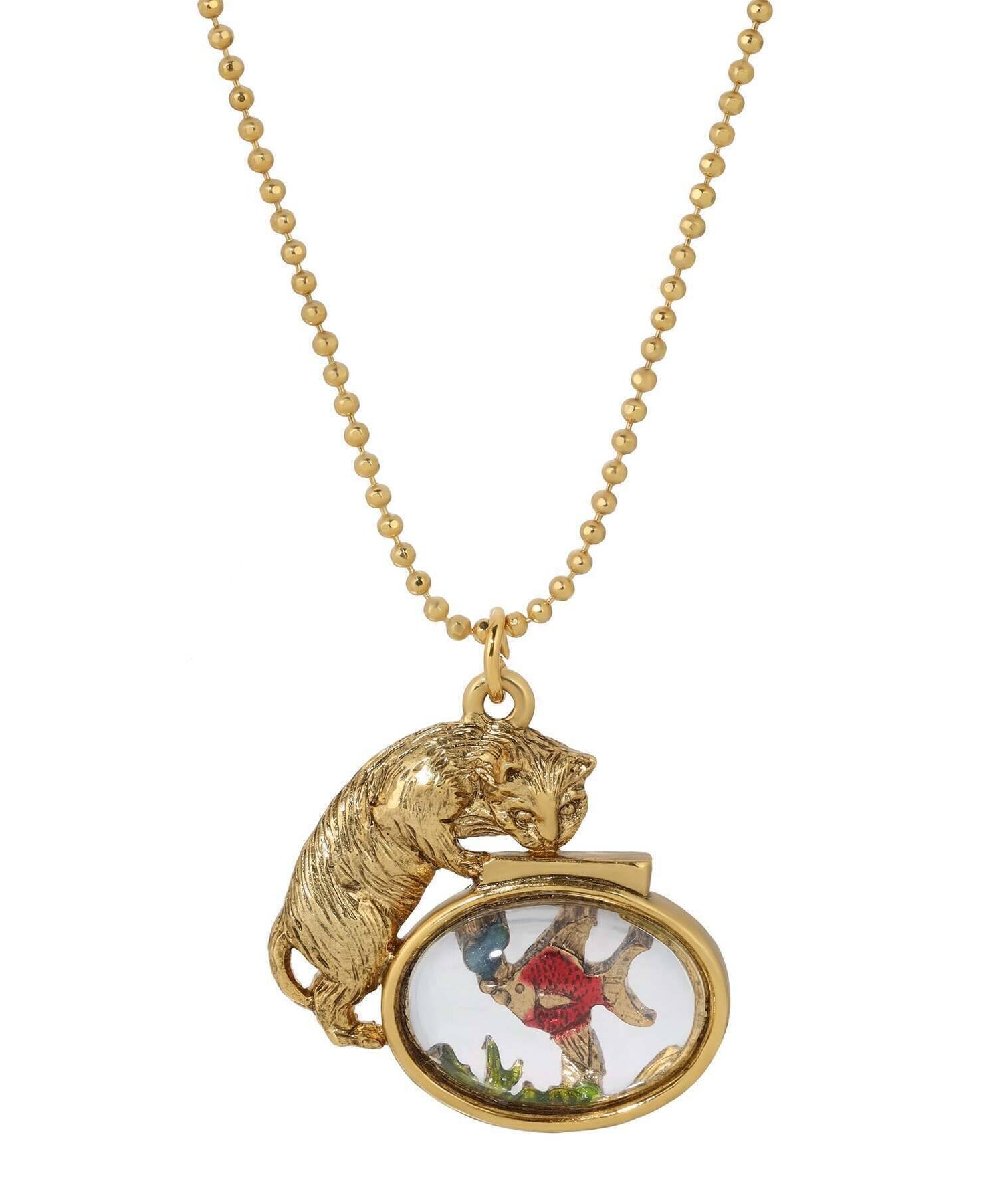 1928 Jewelry Whimsical Cat & Fish Pendant Necklace 18"