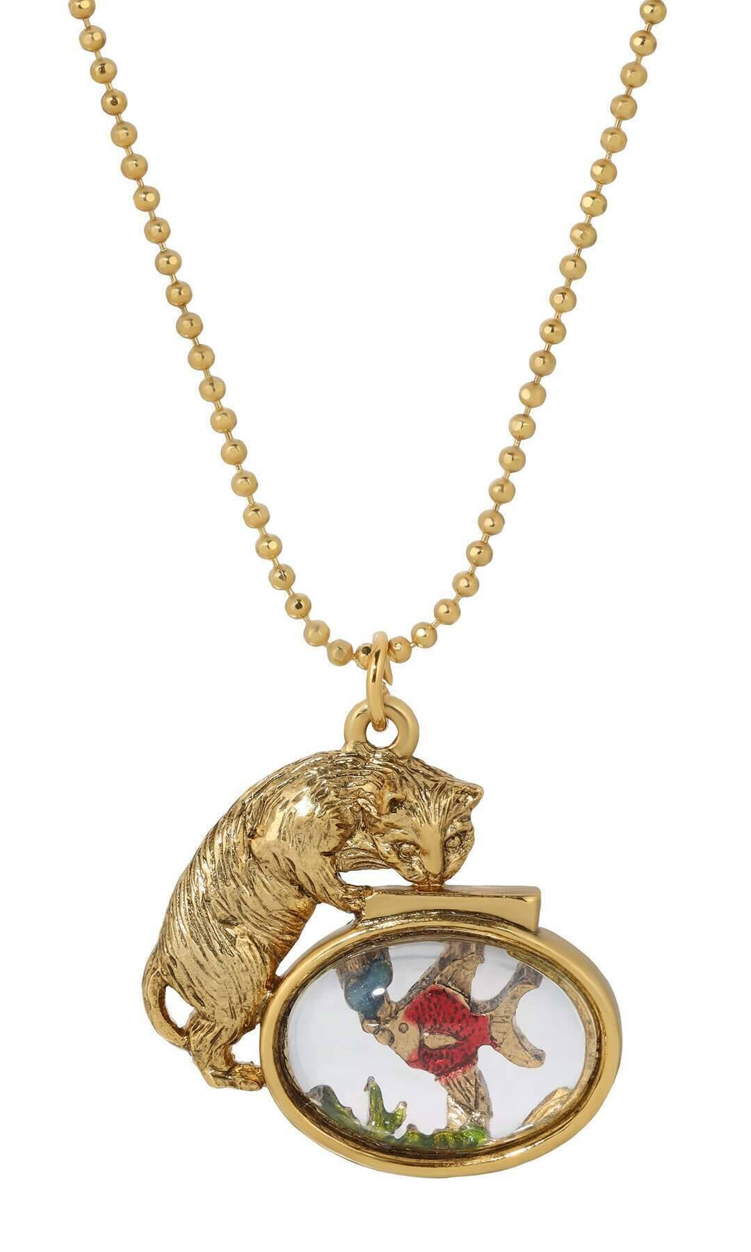 1928 Jewelry Whimsical Cat & Fish Pendant Necklace 18"