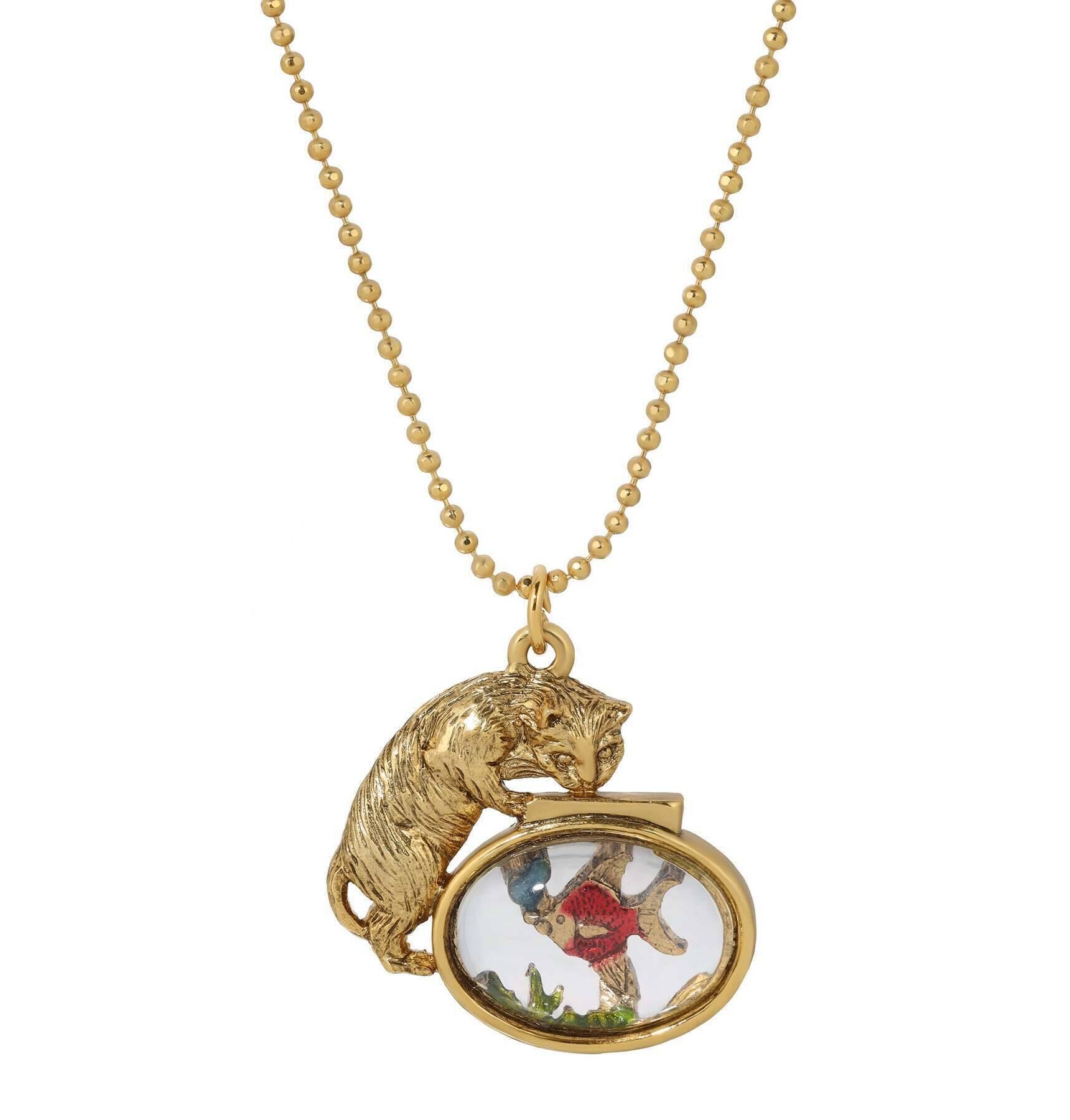 1928 Jewelry Whimsical Cat & Fish Pendant Necklace 18"