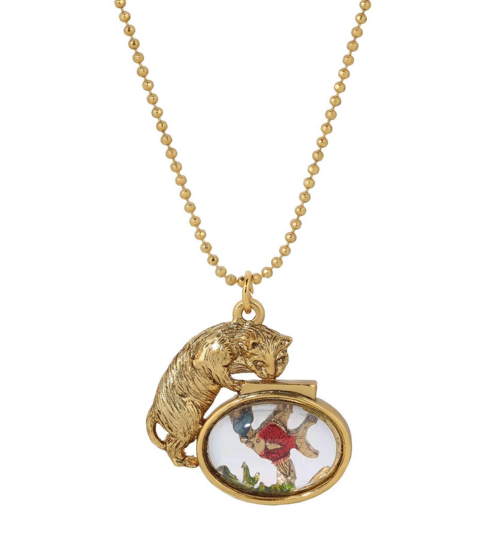 1928 Jewelry Whimsical Cat & Fish Pendant Necklace 18"