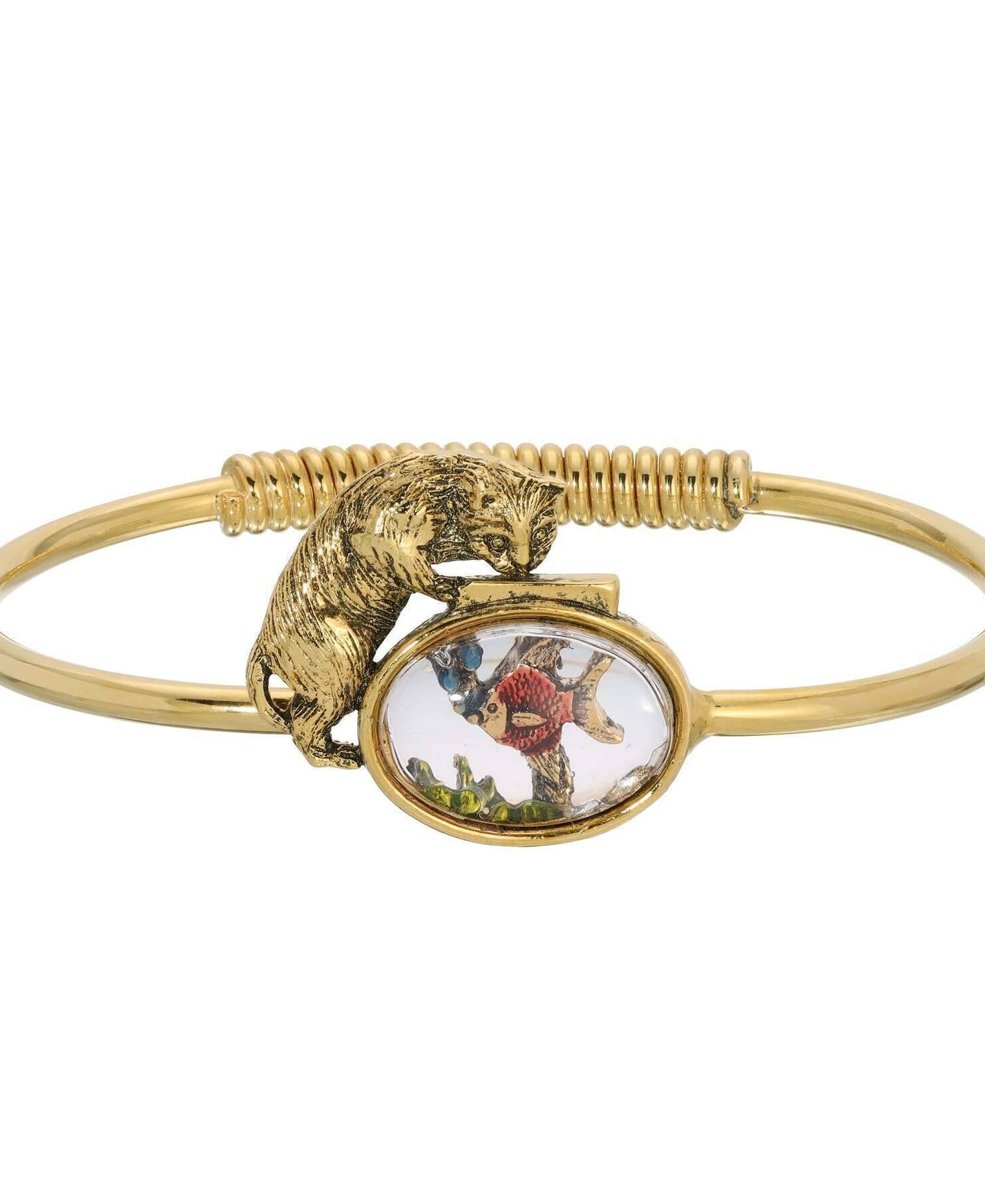 1928 Jewelry Whimsical Cat & Fish Bowl Spring Hinge Bracelet