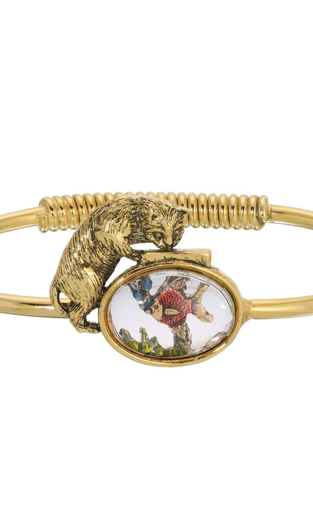 1928 Jewelry Whimsical Cat & Fish Bowl Spring Hinge Bracelet