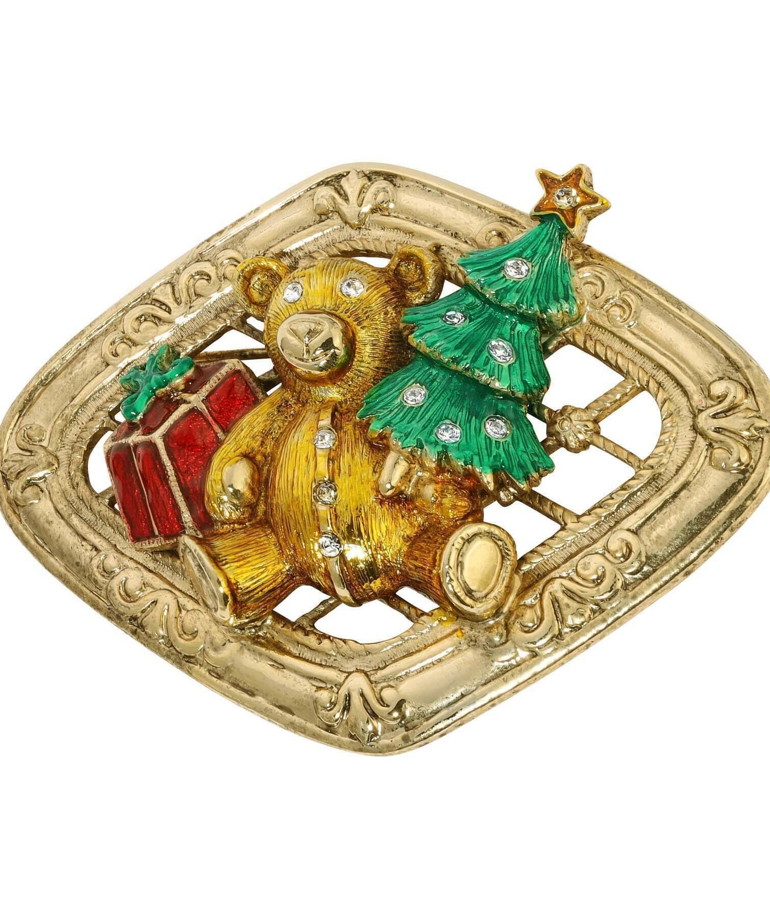 1928 Jewelry Teddy Bear With Christmas Tree & Gift Brooch Pin