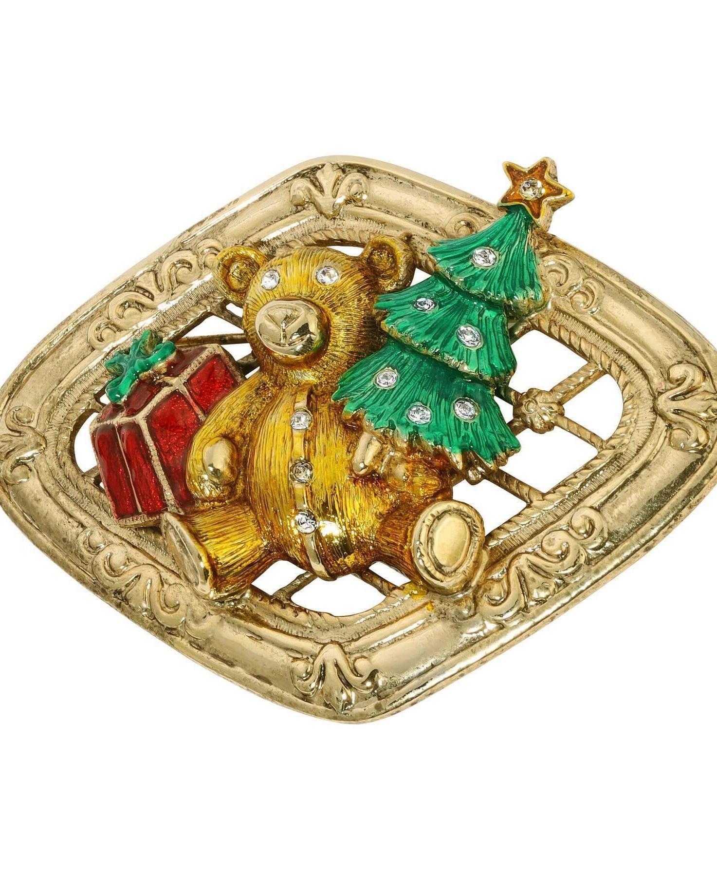 1928 Jewelry Teddy Bear With Christmas Tree & Gift Brooch Pin