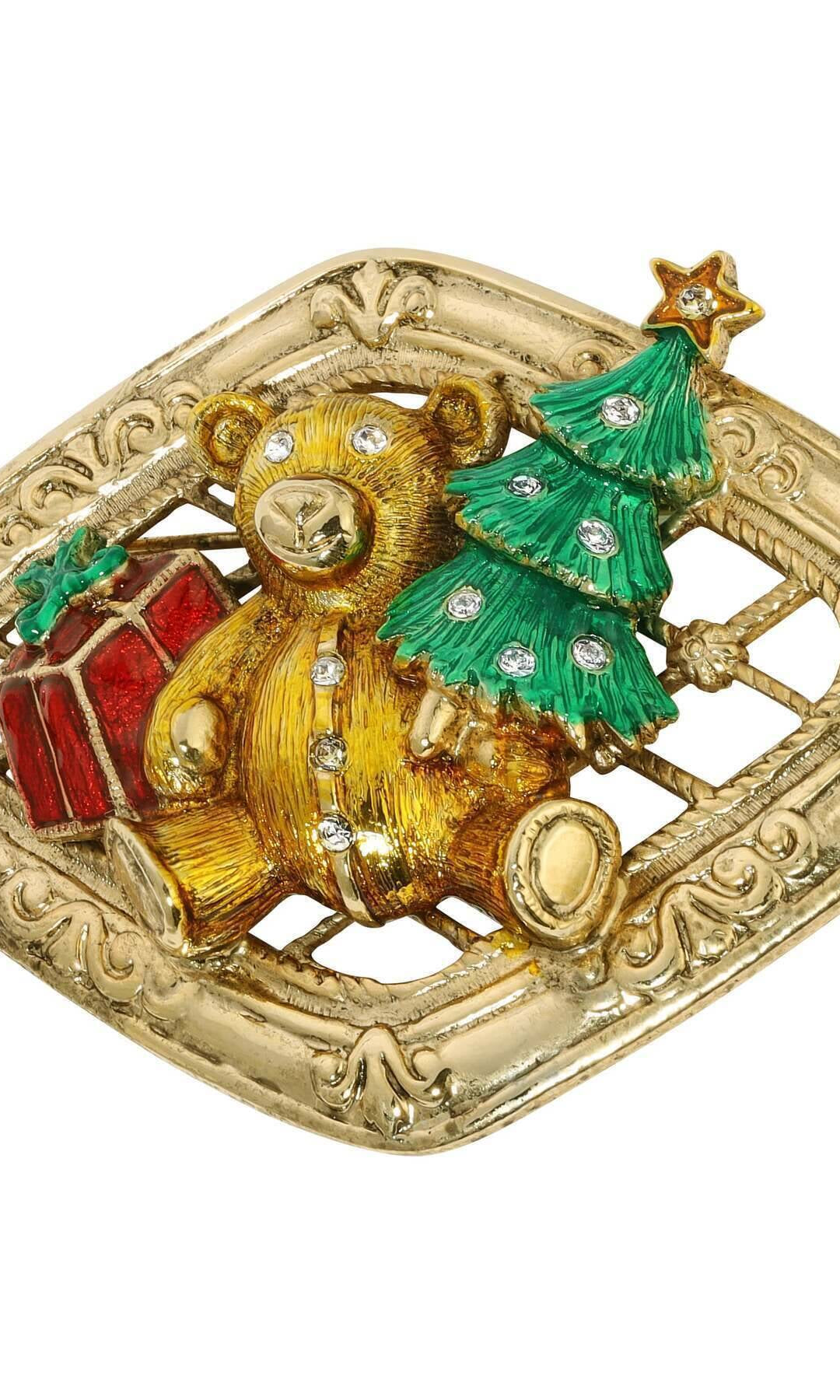 1928 Jewelry Teddy Bear With Christmas Tree & Gift Brooch Pin