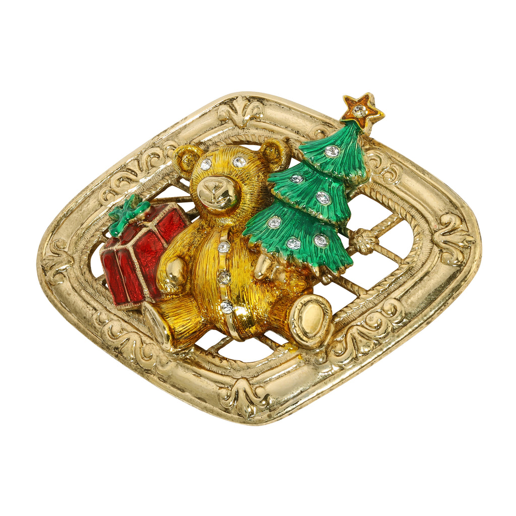 1928 Jewelry Teddy Bear With Christmas Tree & Gift Brooch Pin