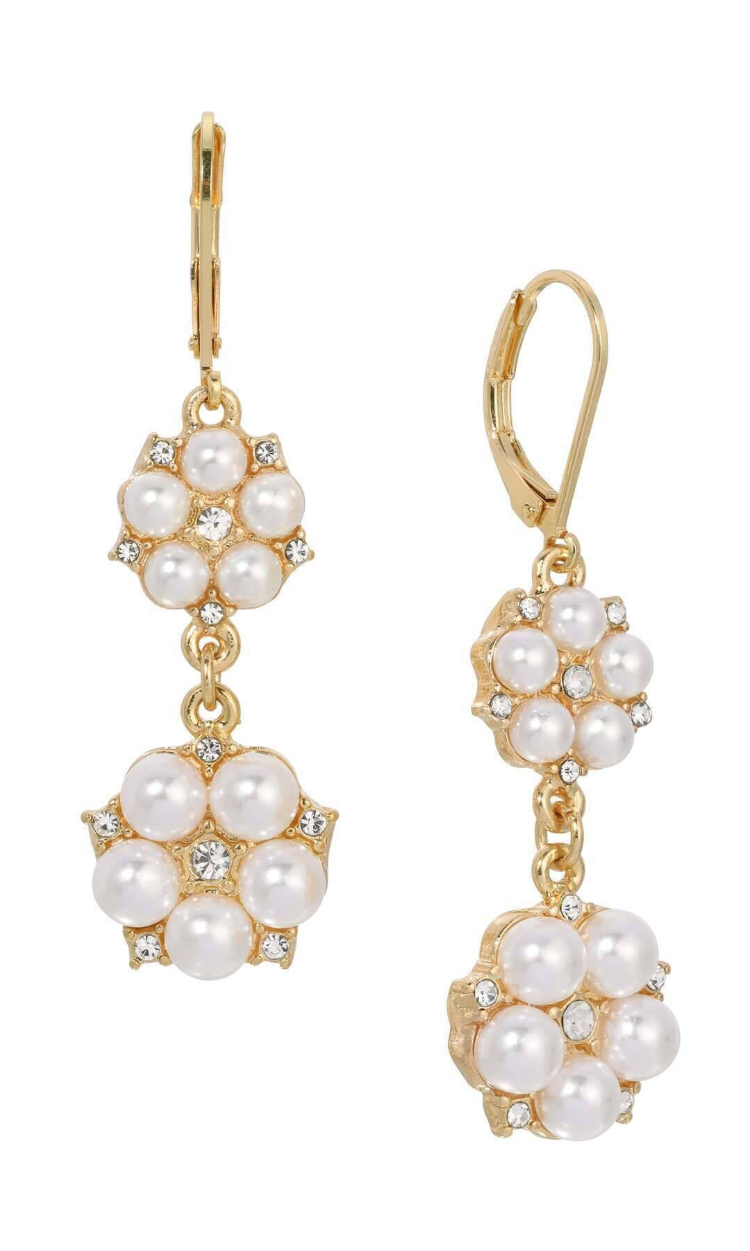 1928 Jewelry Crystal Star Flower White Faux Pearl Dangling Earrings