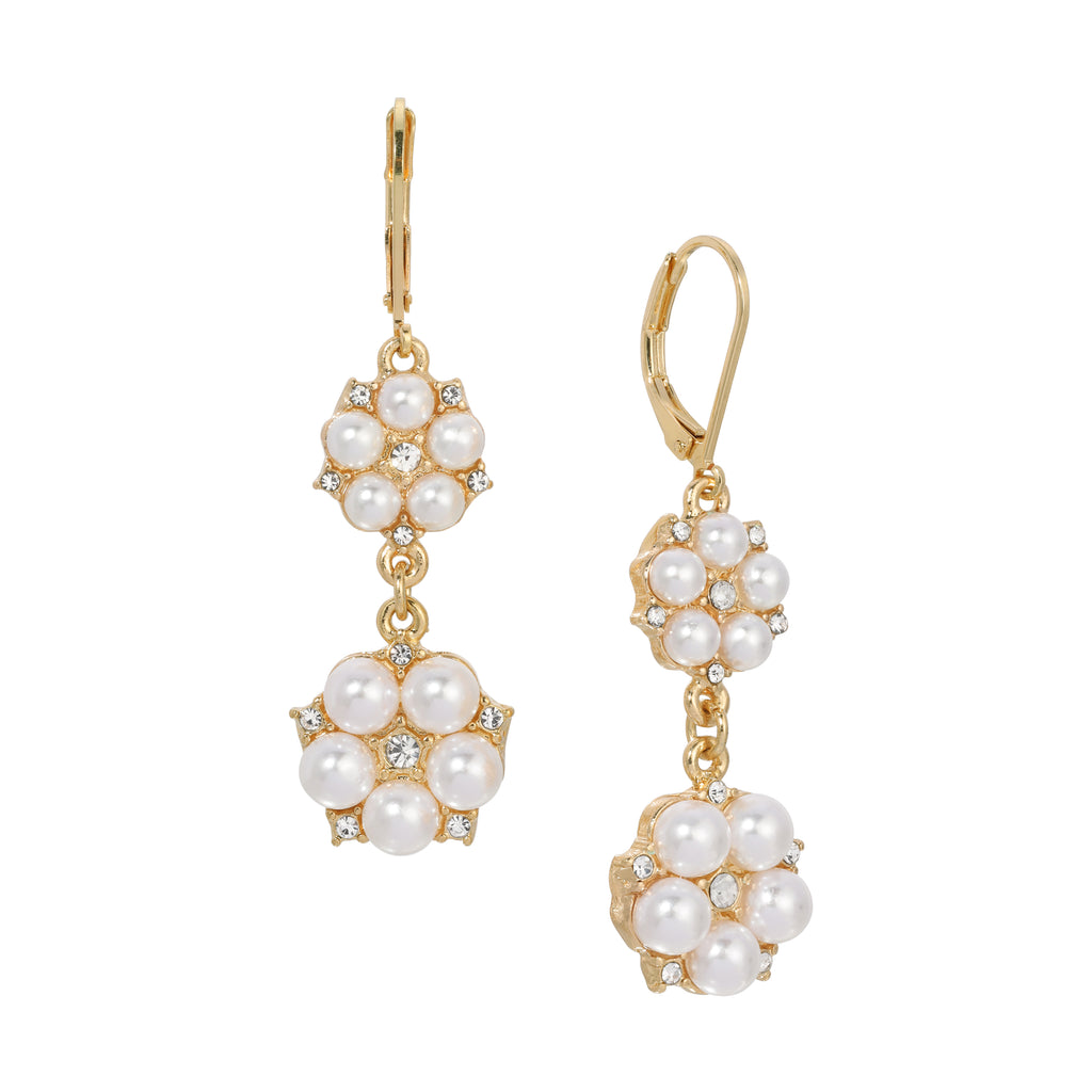 1928 Jewelry Crystal Star Flower White Faux Pearl Dangling Earrings