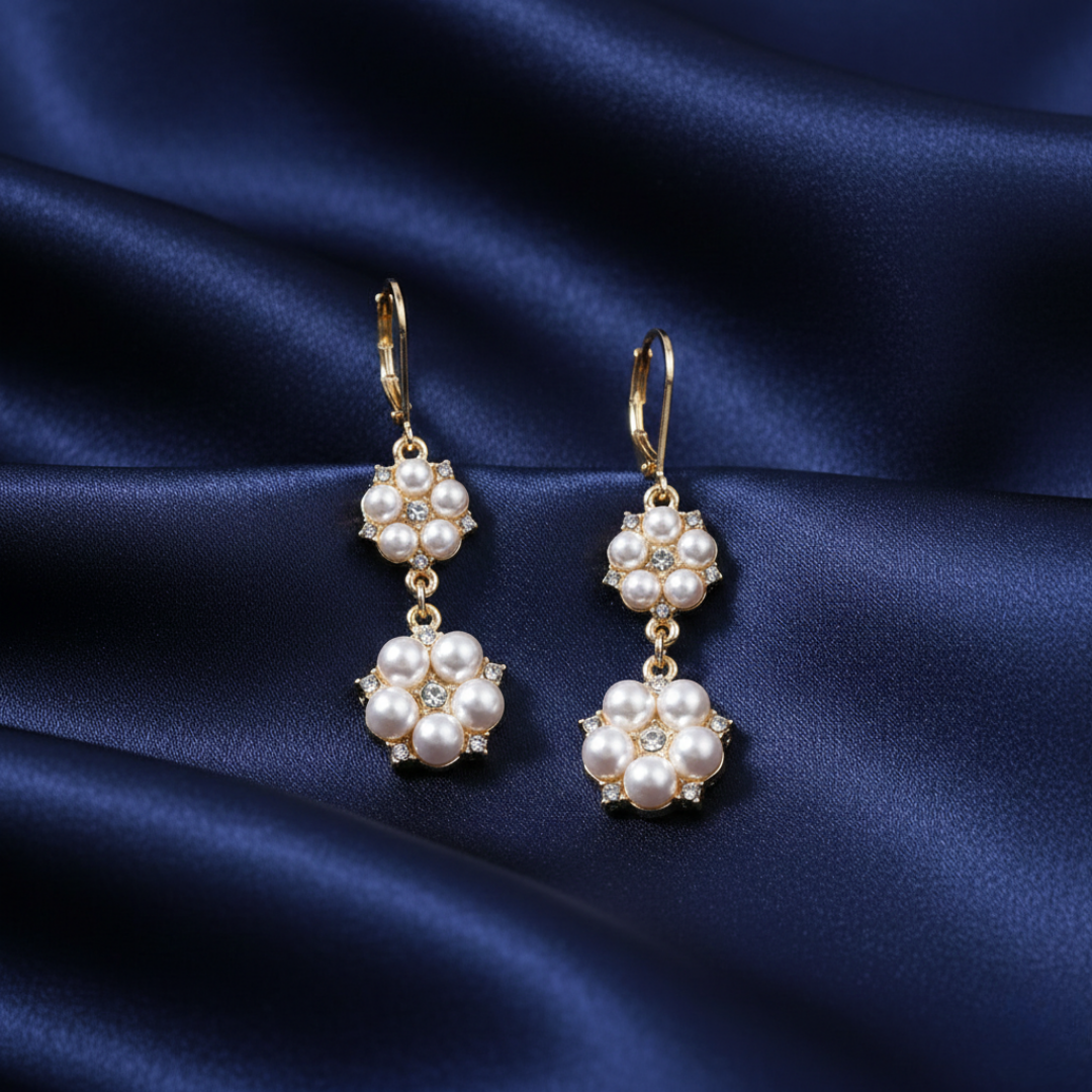 Pair of faux pearl earrings on a blue satin background with clear crystal accents