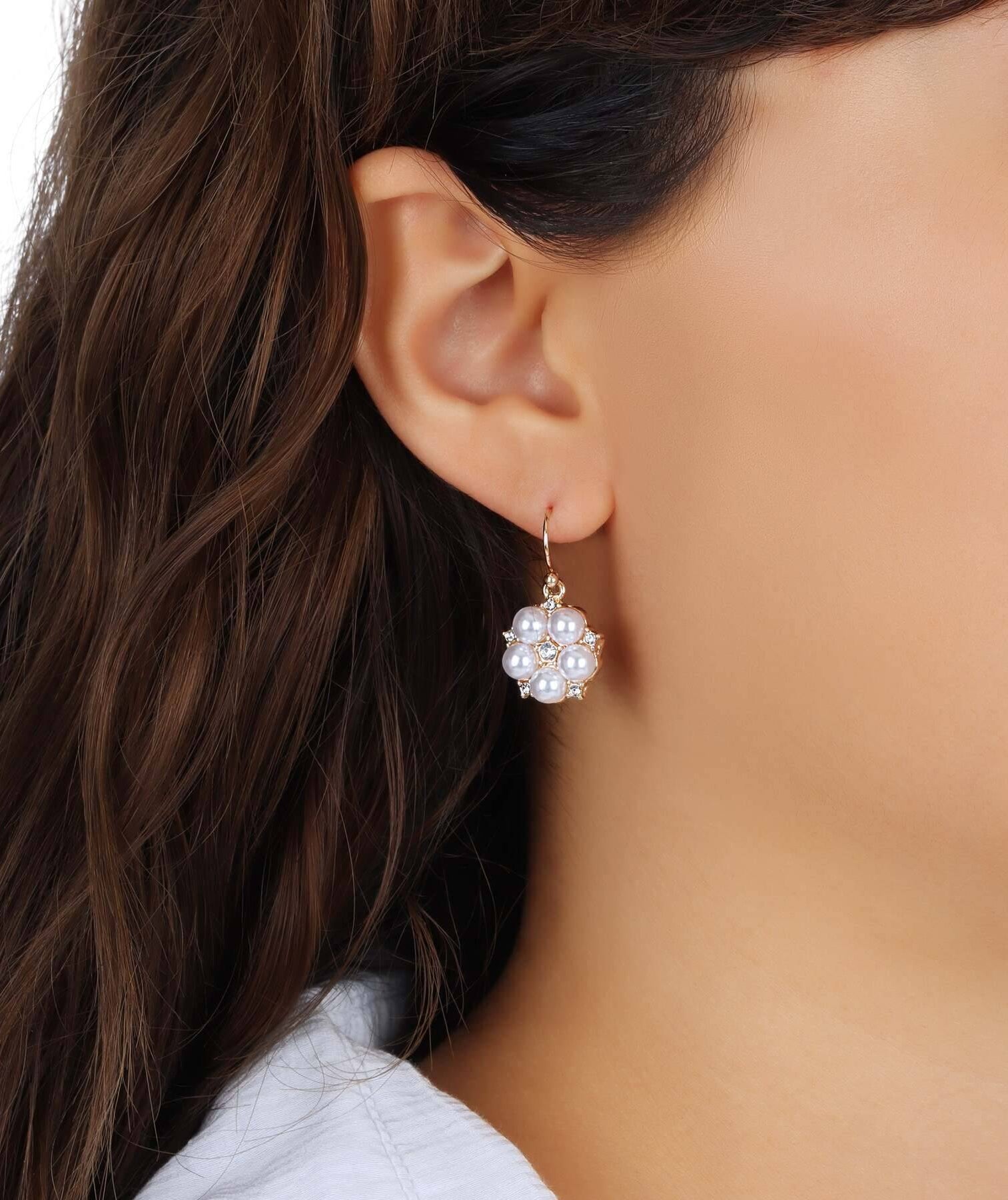 1928 Jewelry Crystal Star Flower White Faux Pearl Drop Earrings