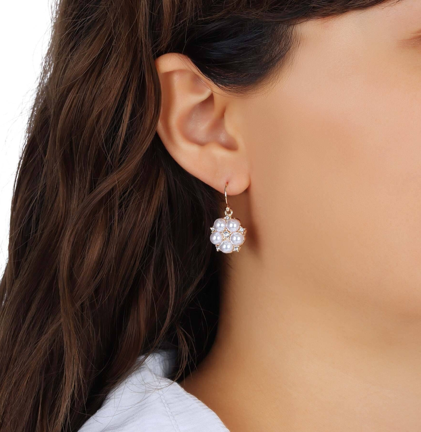 1928 Jewelry Crystal Star Flower White Faux Pearl Drop Earrings