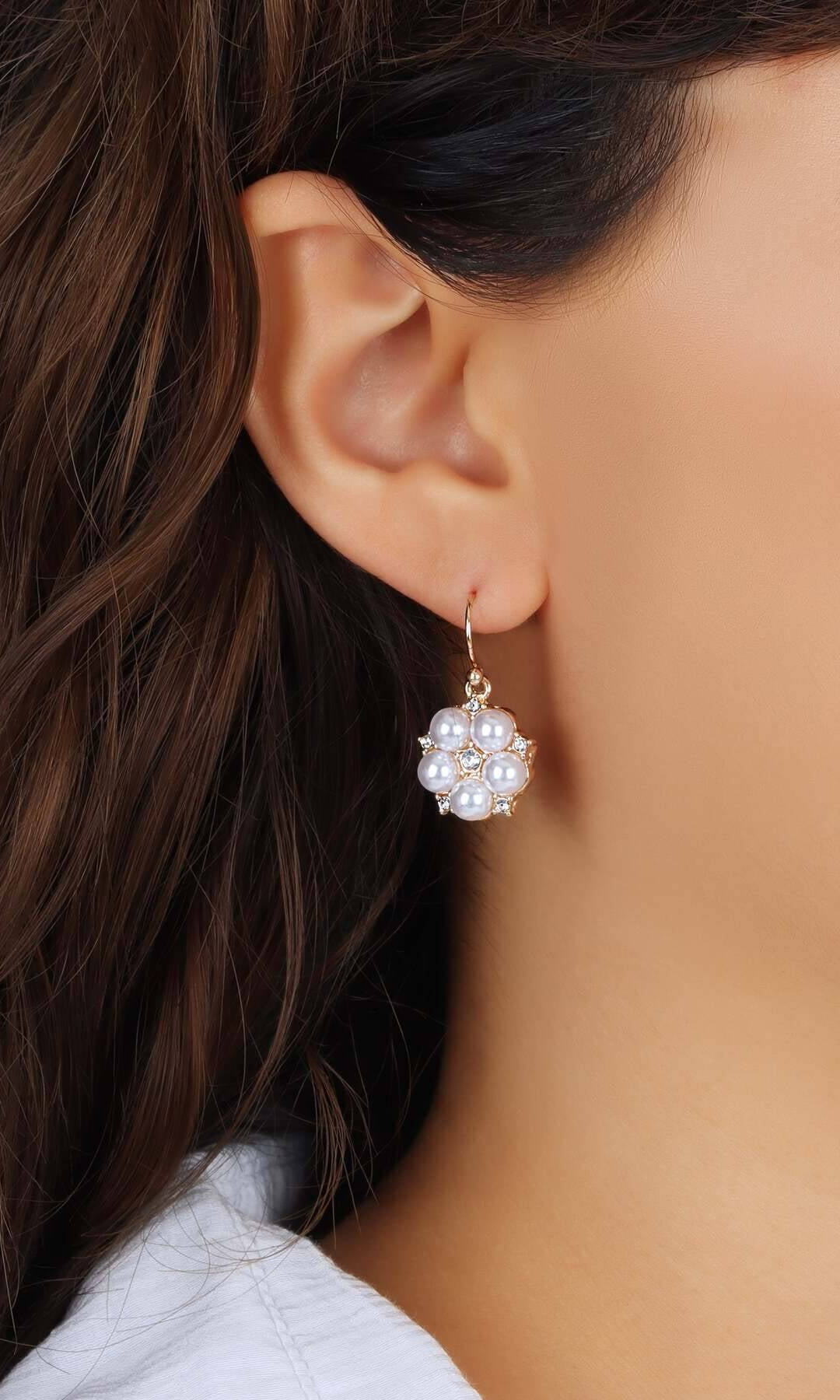 1928 Jewelry Crystal Star Flower White Faux Pearl Drop Earrings