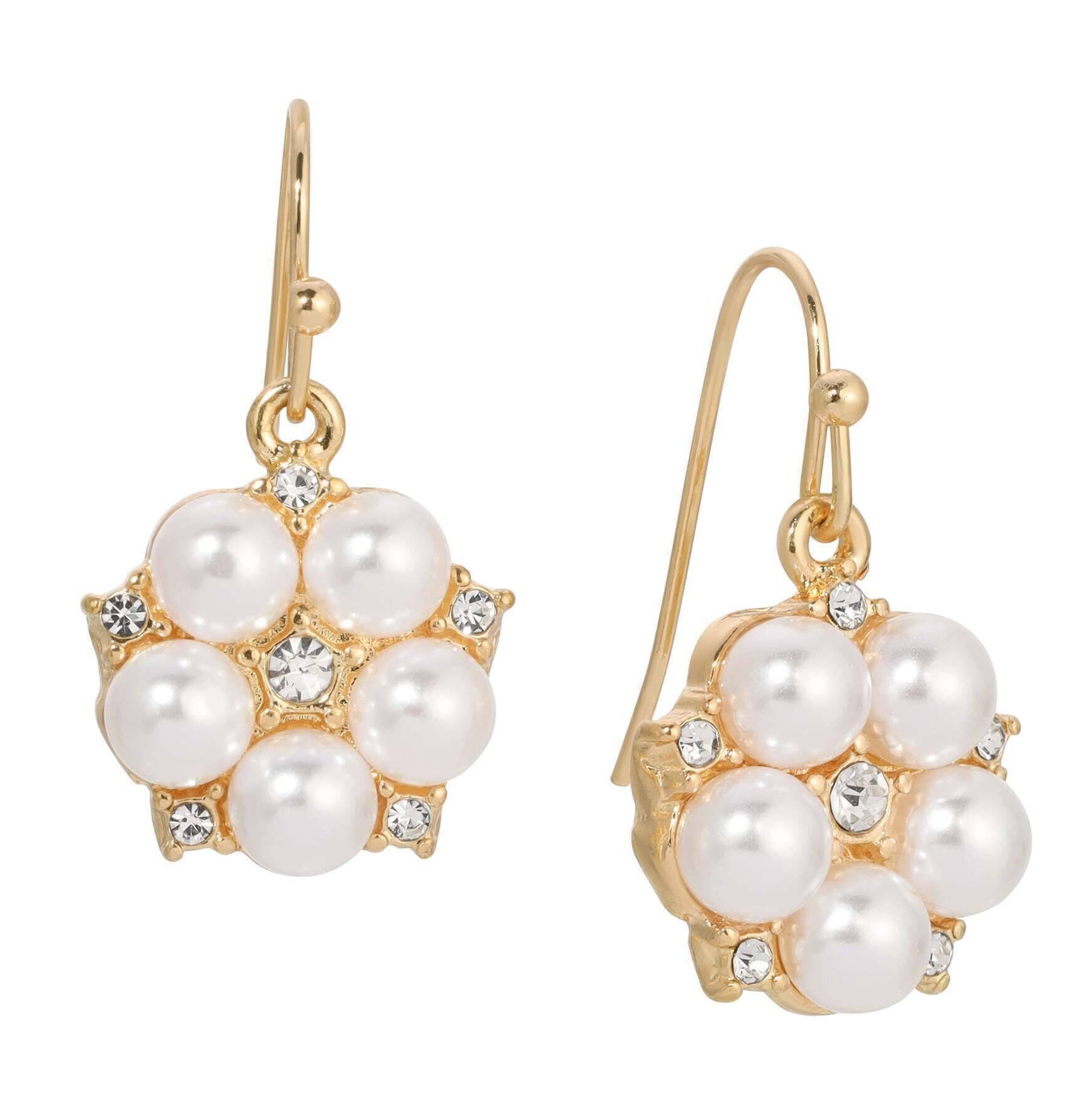1928 Jewelry Crystal Star Flower White Faux Pearl Drop Earrings