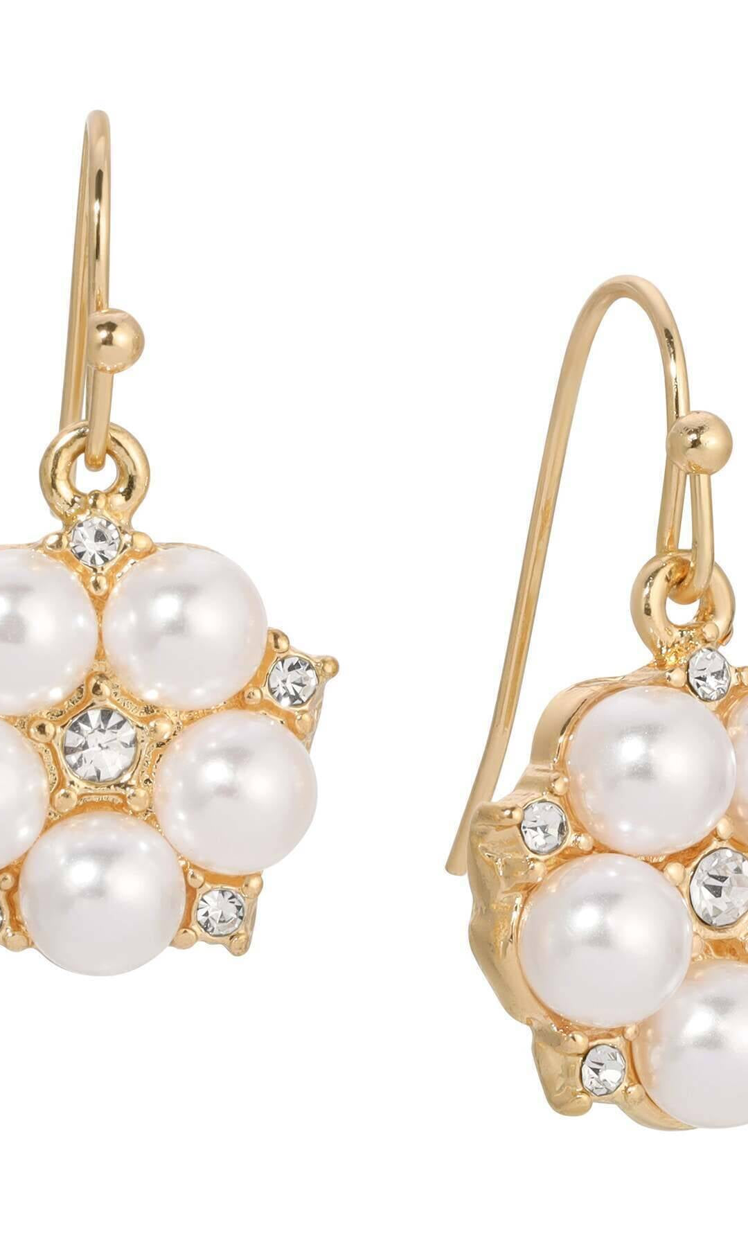 1928 Jewelry Crystal Star Flower White Faux Pearl Drop Earrings