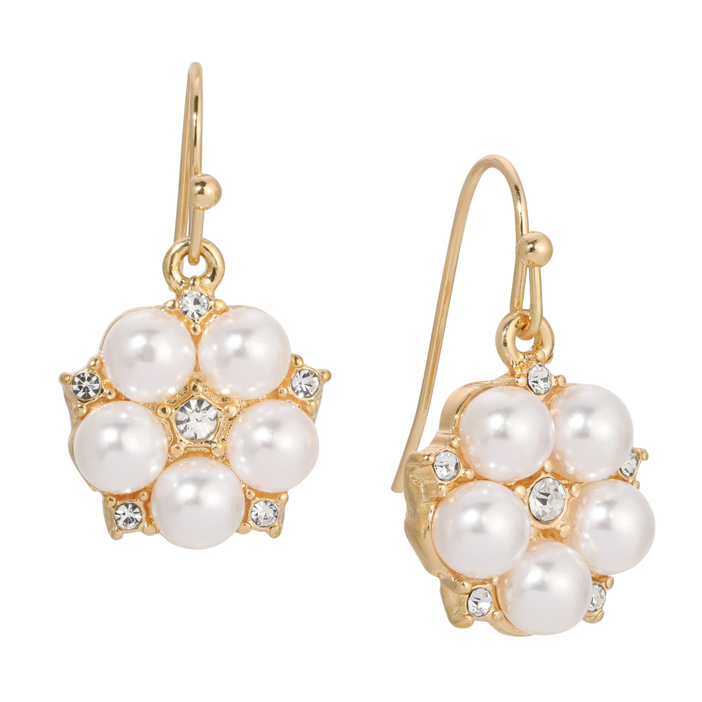 1928 Jewelry Crystal Star Flower White Faux Pearl Drop Earrings