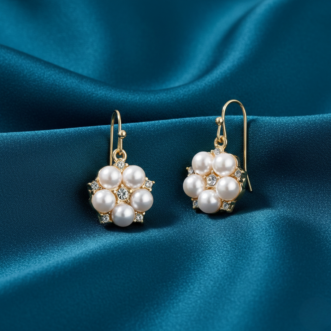 Pearl earrings with gold accents on a blue satin background