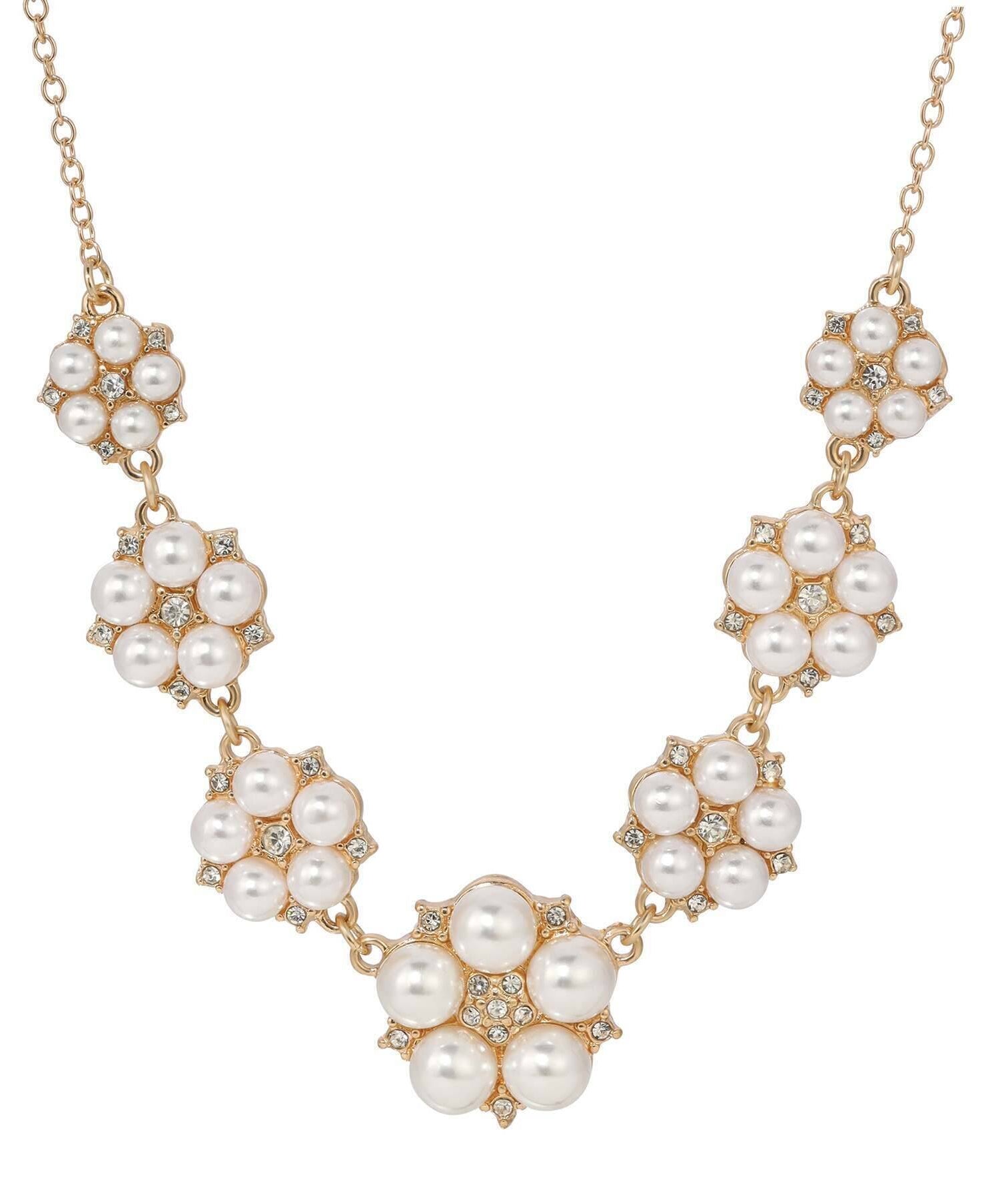 1928 Jewelry Crystal Star Flower White Faux Pearl Necklace 16" + 3" Extender