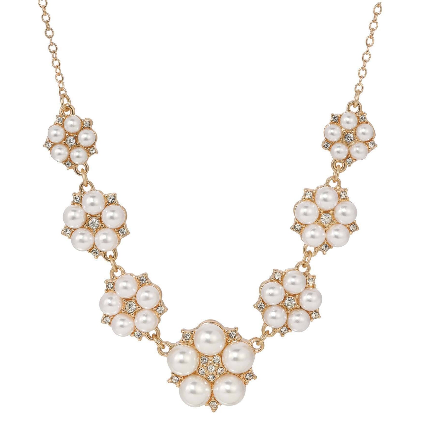 1928 Jewelry Crystal Star Flower White Faux Pearl Necklace 16" + 3" Extender