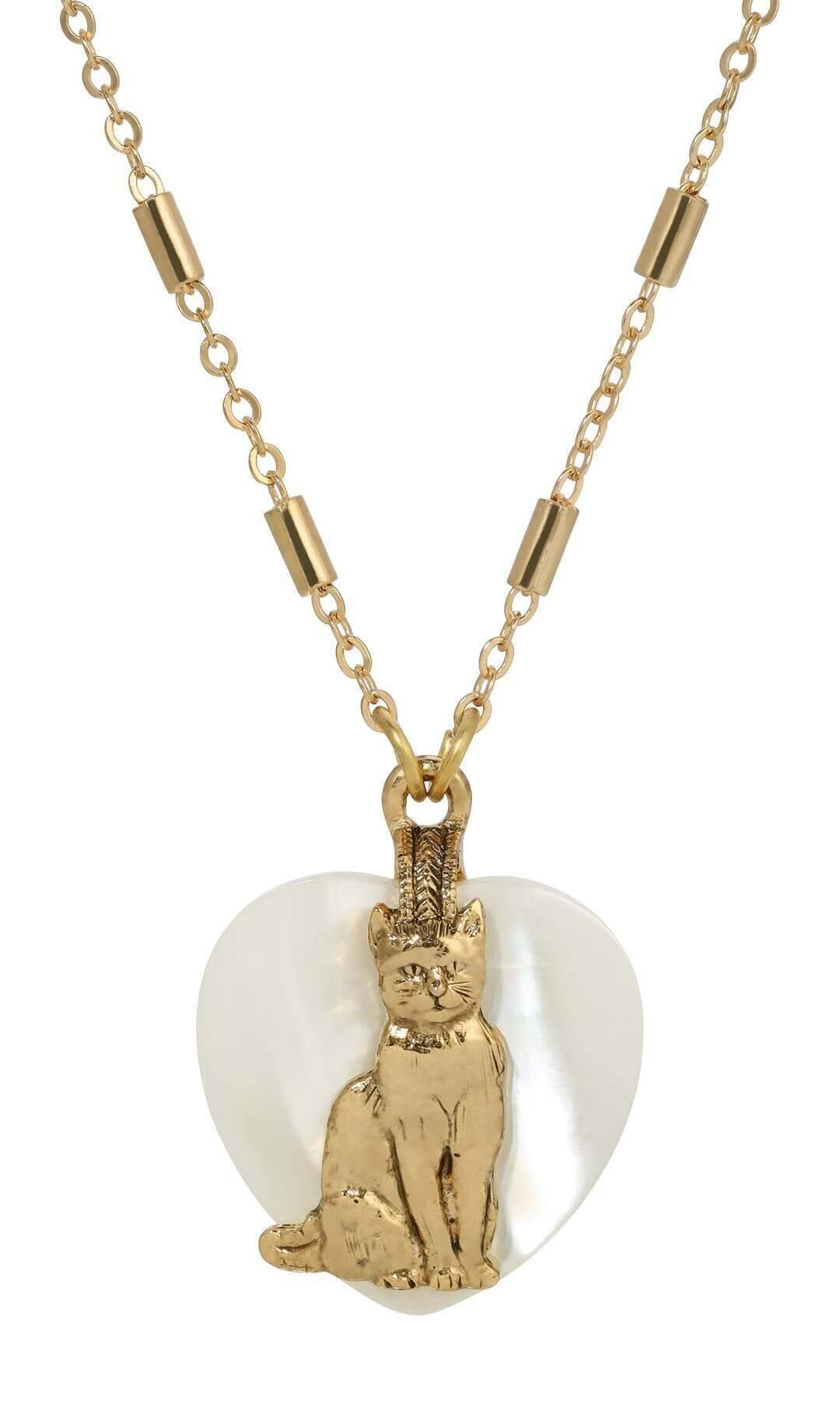1928 Jewelry Whimsical Cat Mother Of Pearl Heart Pendant Necklace 18"
