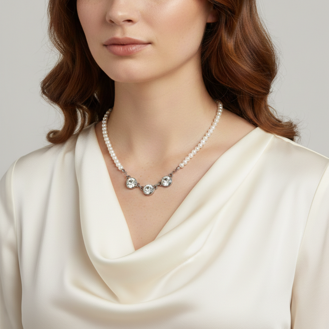 Woman wearing a faux pearl necklace with clear crystals against a neutral background