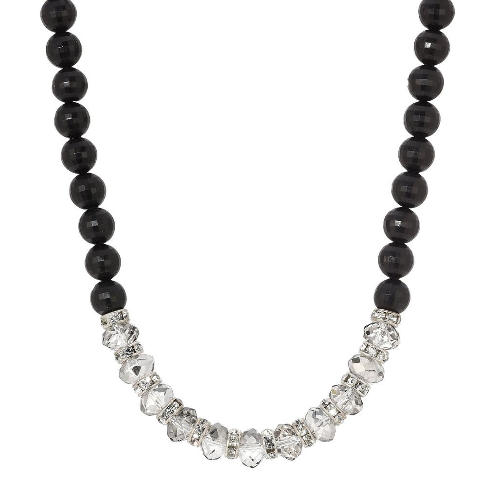 1928 Jewelry Clear & Black Diamond Crystal Jet Black Beaded Necklace 15" + 3" Extension
