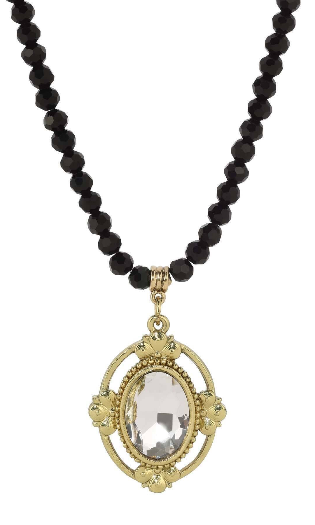 1928 Jewelry Noble Oval Crystal Pendant Black Glass Beaded Necklace 15" + 3" Extension
