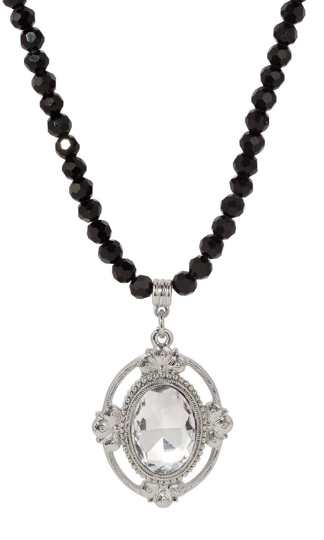 1928 Jewelry Noble Oval Crystal Pendant Black Glass Beaded Necklace 15" + 3" Extension