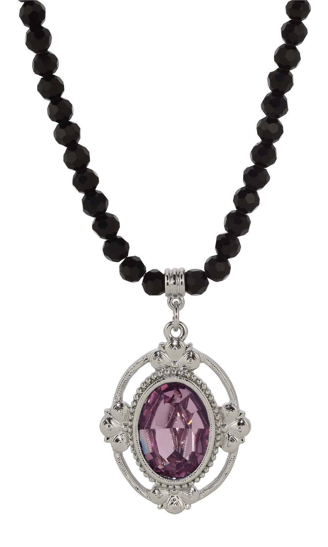 1928 Jewelry Noble Oval Crystal Pendant Black Glass Beaded Necklace 15" + 3" Extension
