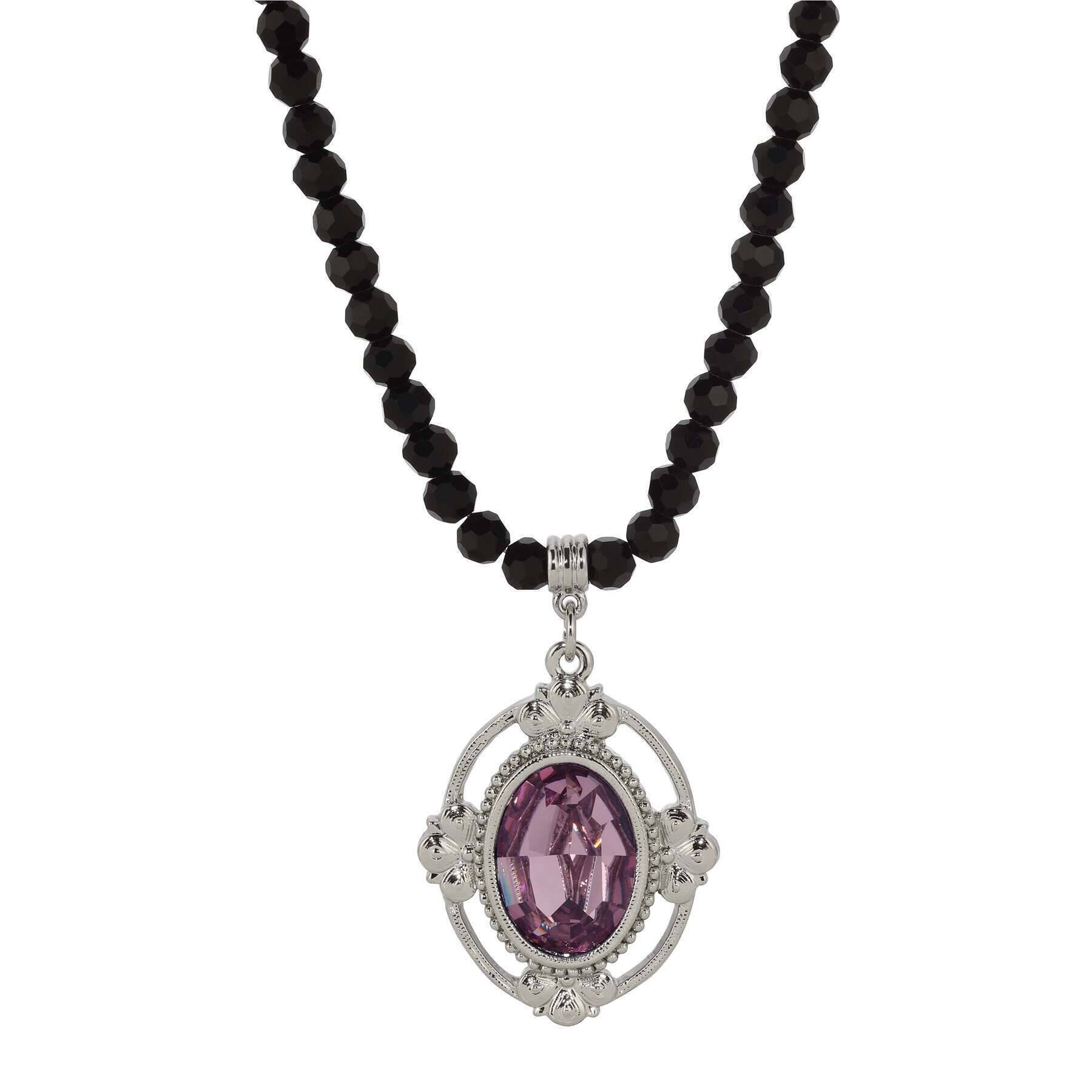 1928 Jewelry Noble Oval Crystal Pendant Black Glass Beaded Necklace 15" + 3" Extension