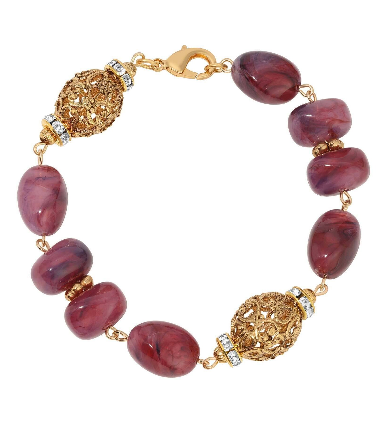1928 Jewelry Irregular Milky Amethyst Bead & Gold Filigree Crystal Accent Bead Link Bracelet