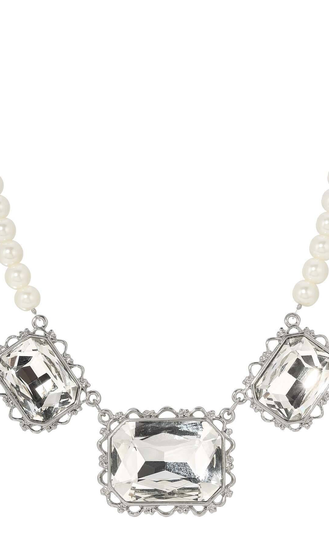 1928 Jewelry Heiress Triple Crystal Faux Pearl Stand Necklace 16" + 3" Extension