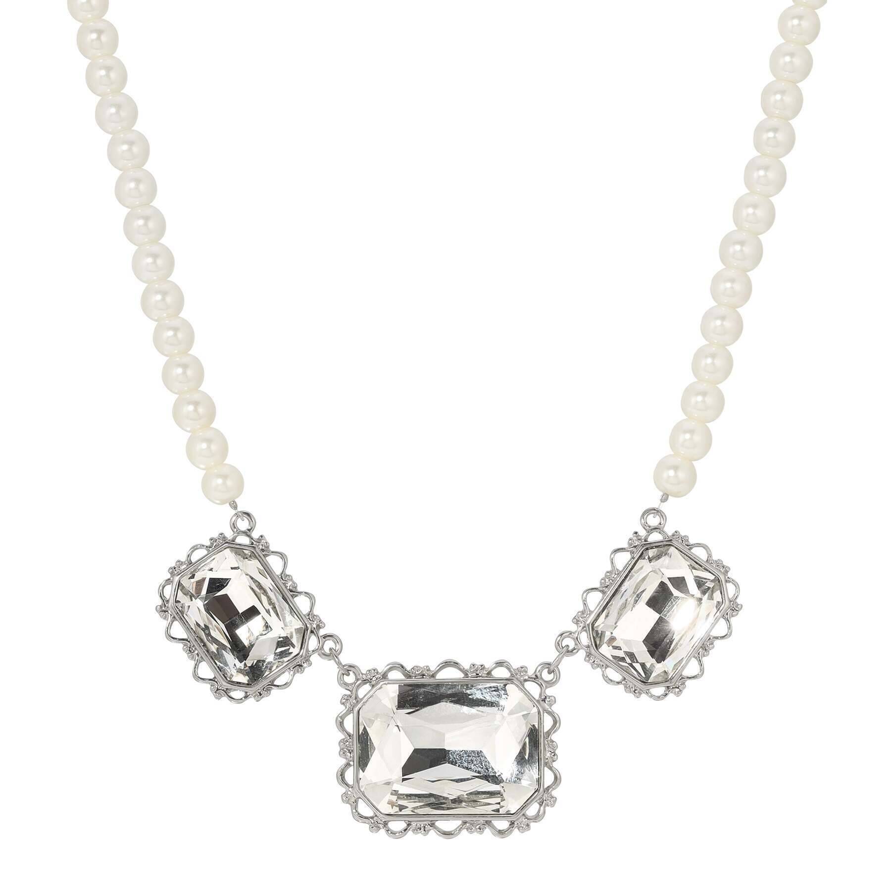 1928 Jewelry Heiress Triple Crystal Faux Pearl Stand Necklace 16" + 3" Extension