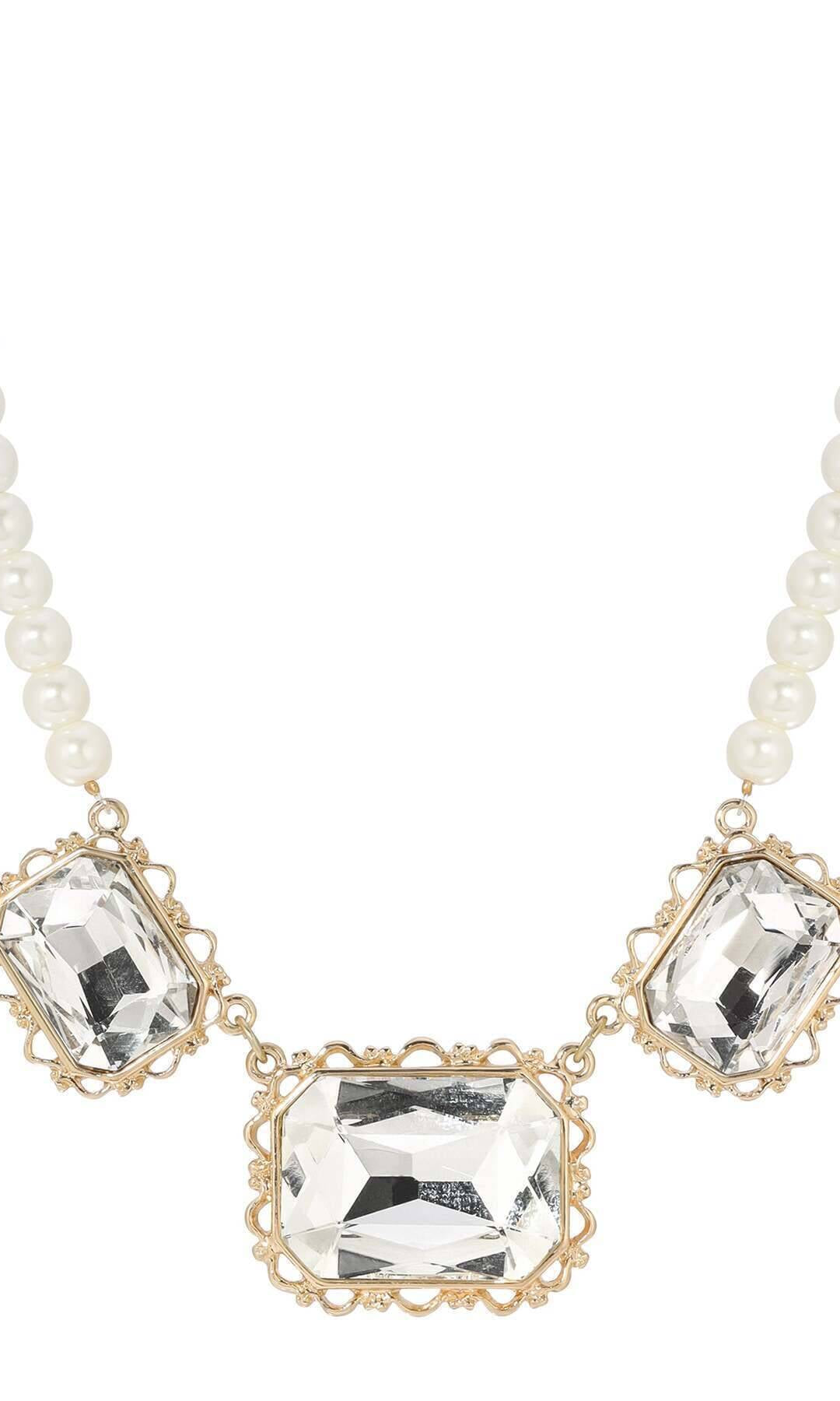 1928 Jewelry Heiress Triple Crystal Faux Pearl Stand Necklace 16" + 3" Extension