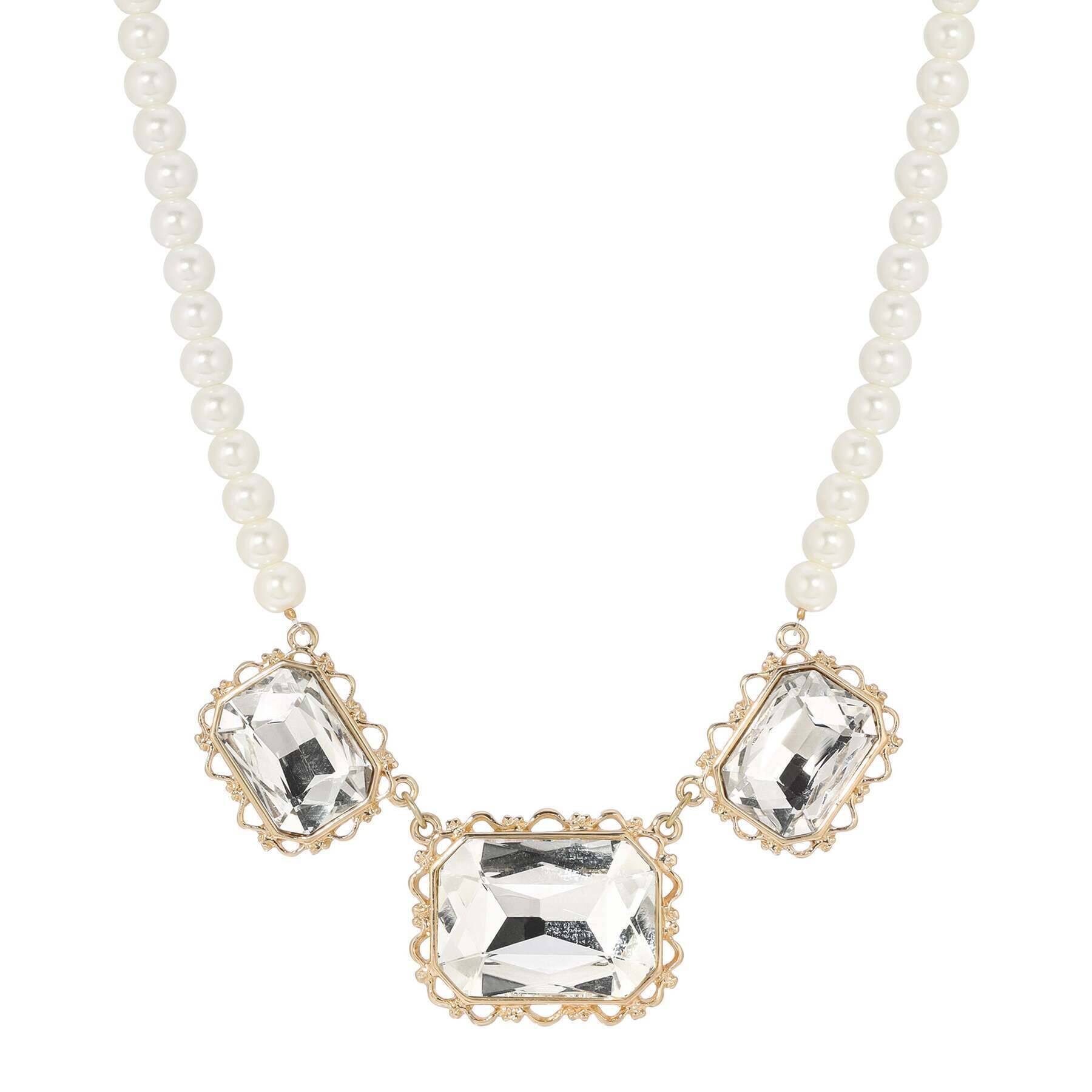 1928 Jewelry Heiress Triple Crystal Faux Pearl Stand Necklace 16" + 3" Extension