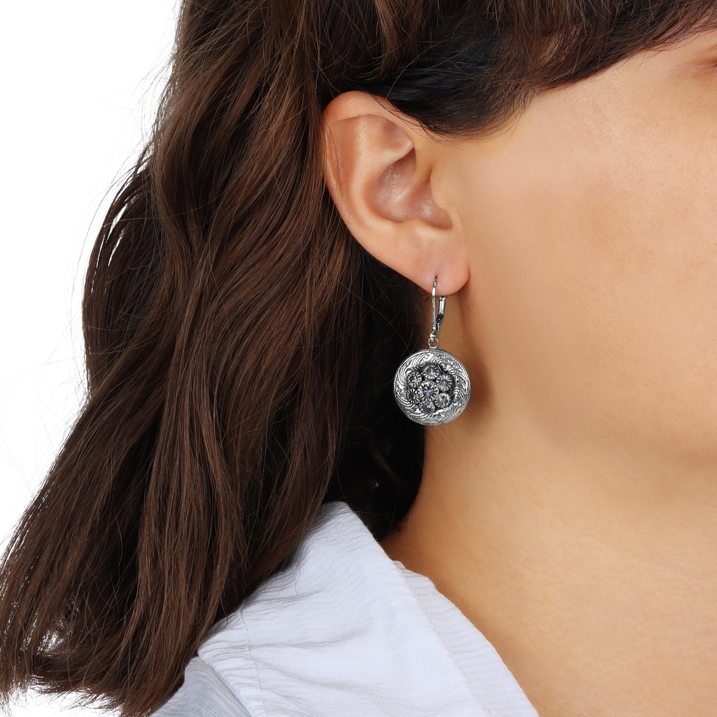 Close up of a woman wearing Round European Black Diamond Crystal Glass Stone Cluster Drop Earrings