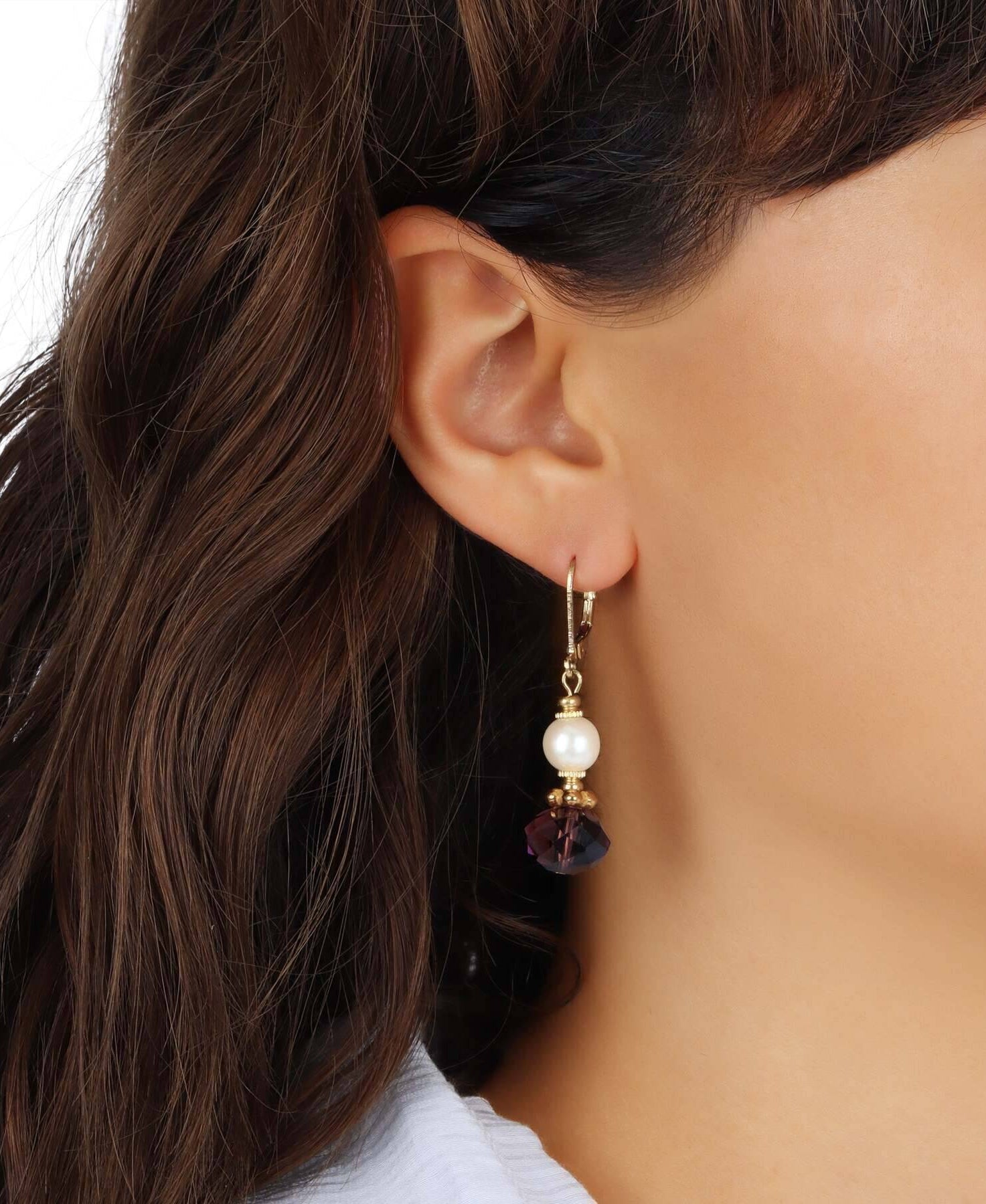 1928 Jewelry Faux Pearl Luster & Amethyst Crystal Dangling Earrings