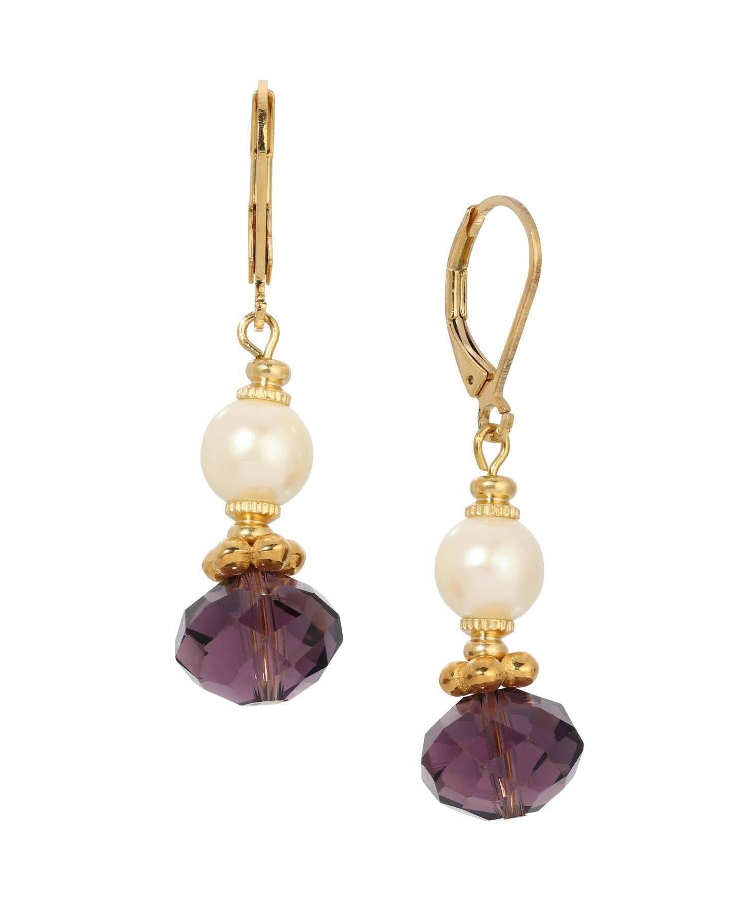 1928 Jewelry Faux Pearl Luster & Amethyst Crystal Dangling Earrings