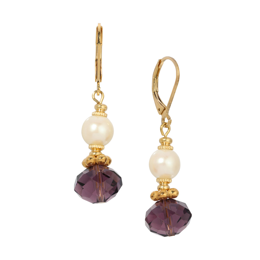 1928 Jewelry Faux Pearl Luster & Amethyst Crystal Dangling Earrings