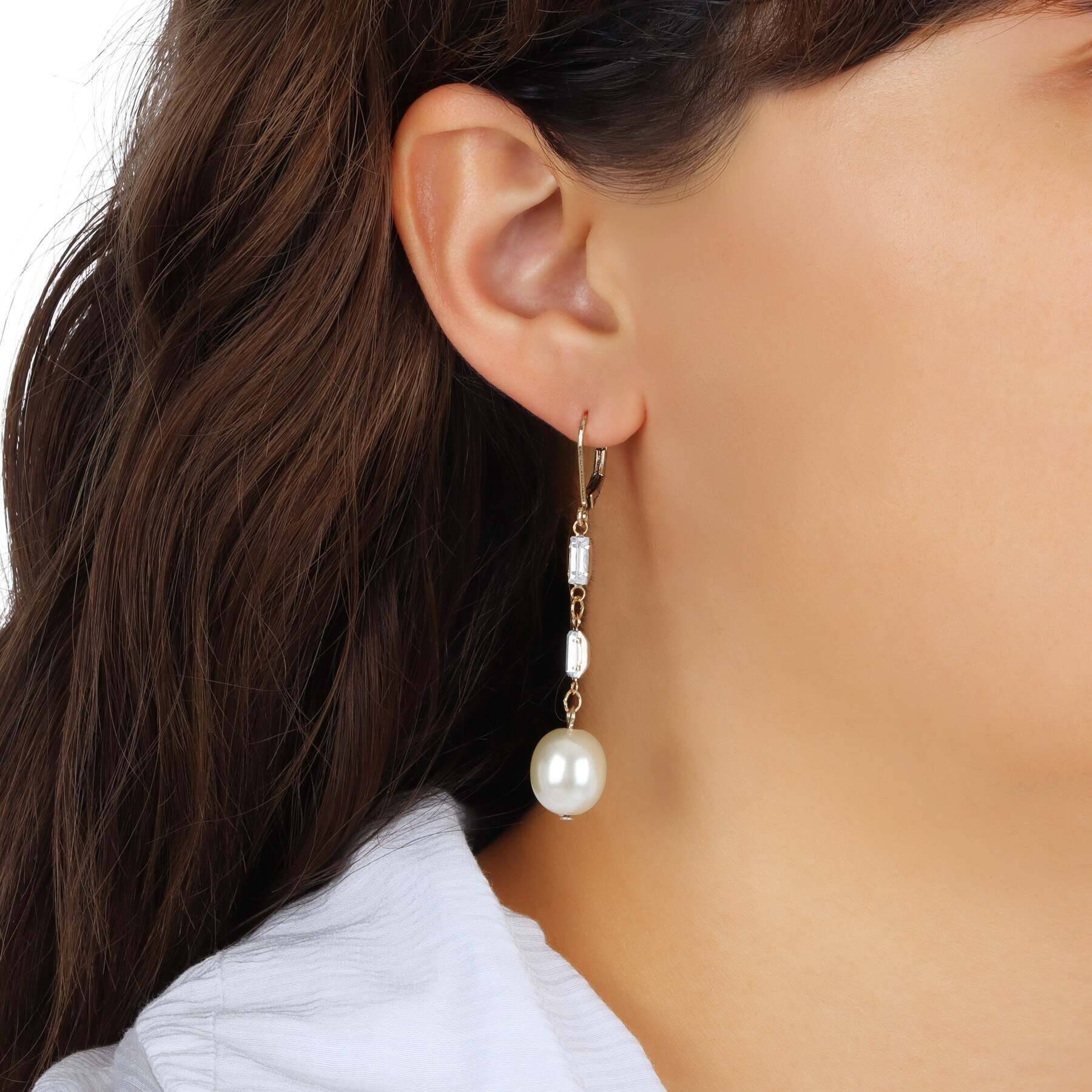 1928 Jewelry Bridal Bliss Faux Pearl & Baguette Crystal Linear Earrings