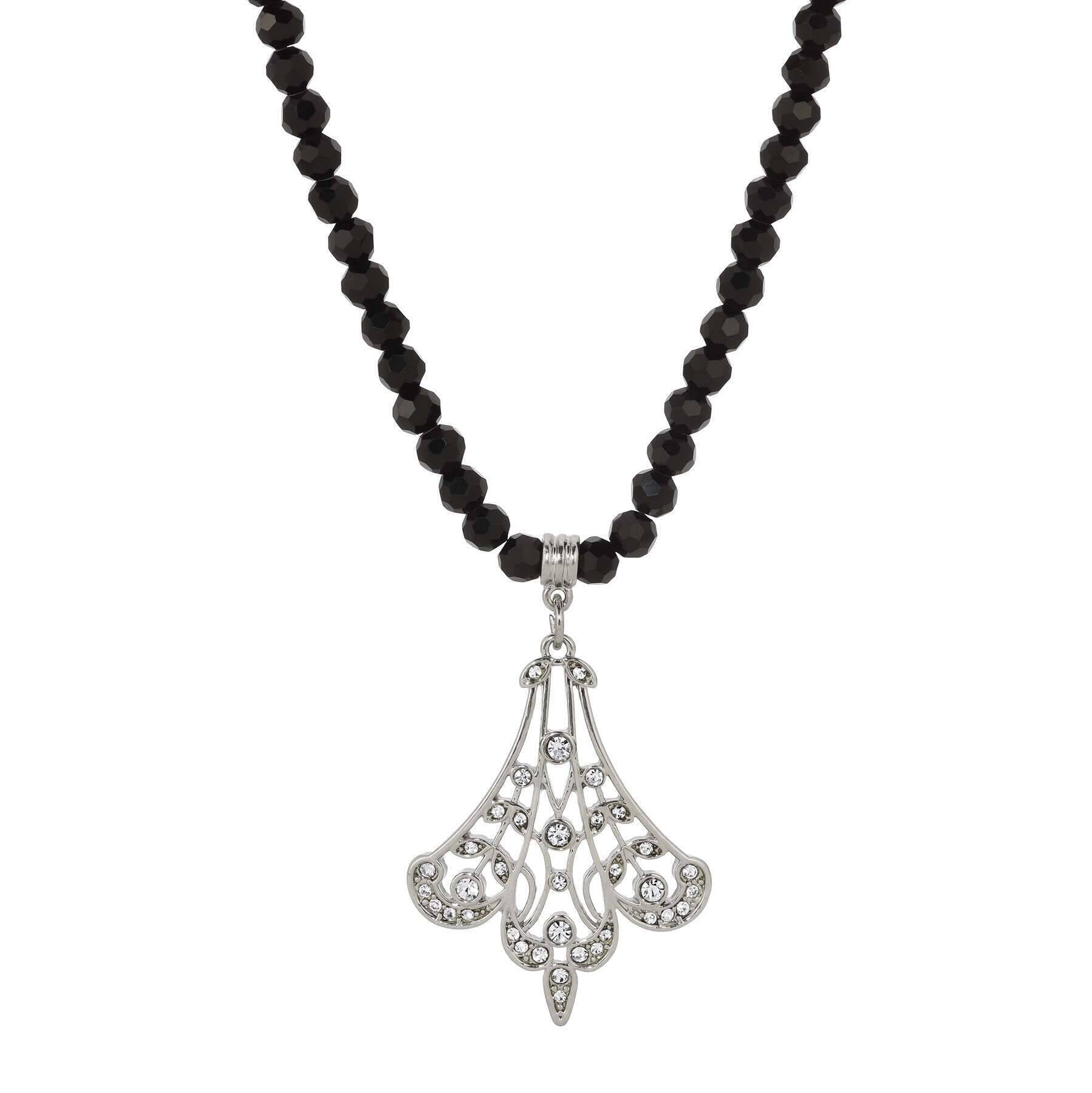 1928 Jewelry Minuit Black Glass Strand Bead Silver Filigree Fan & Crystals Pendant Necklace 15" + 3" Extender