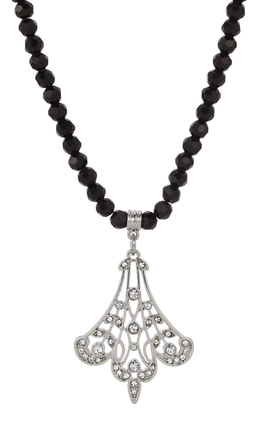 1928 Jewelry Minuit Black Glass Strand Bead Silver Filigree Fan & Crystals Pendant Necklace 15" + 3" Extender
