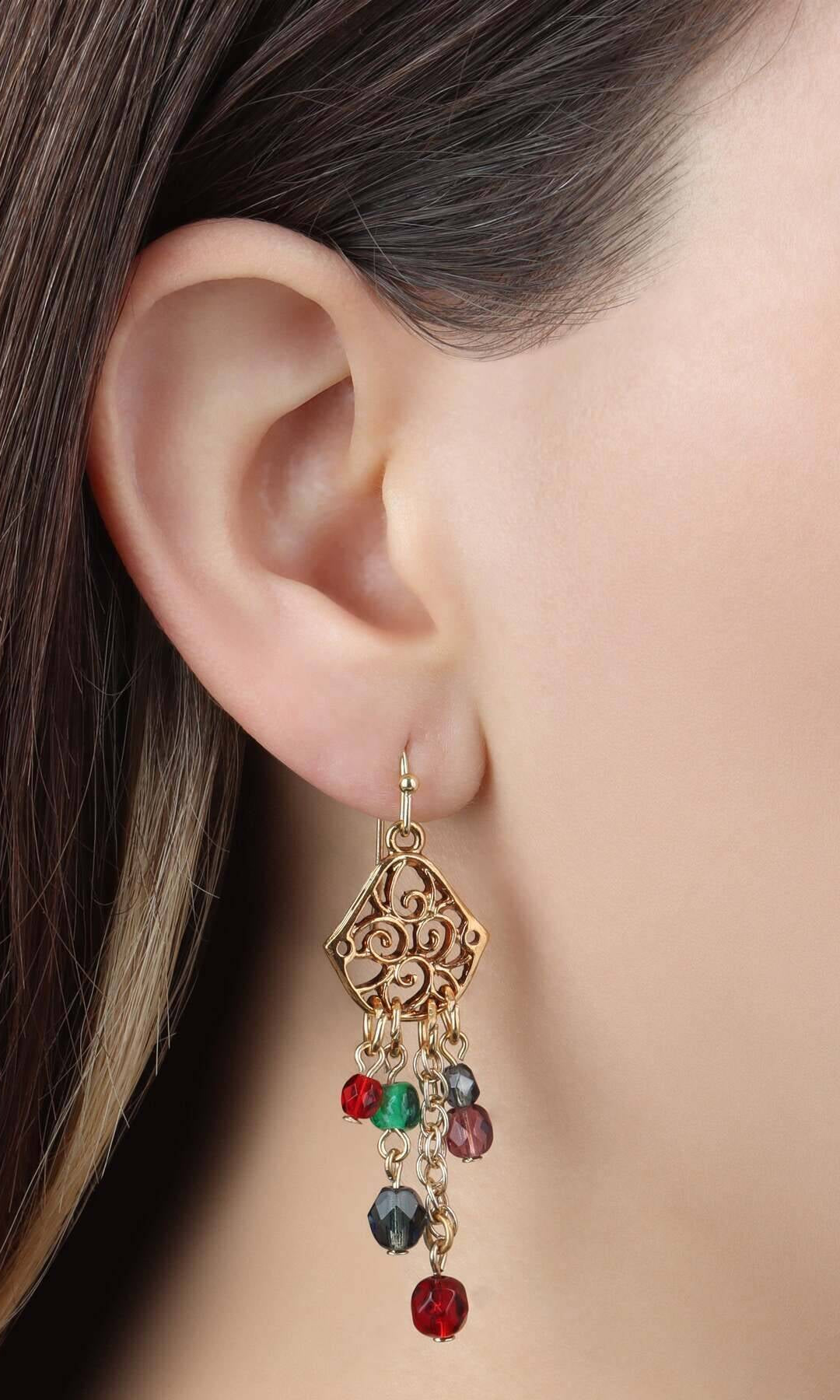 1928 Jewelry Harvest Crystals Filigree Dangling Earrings