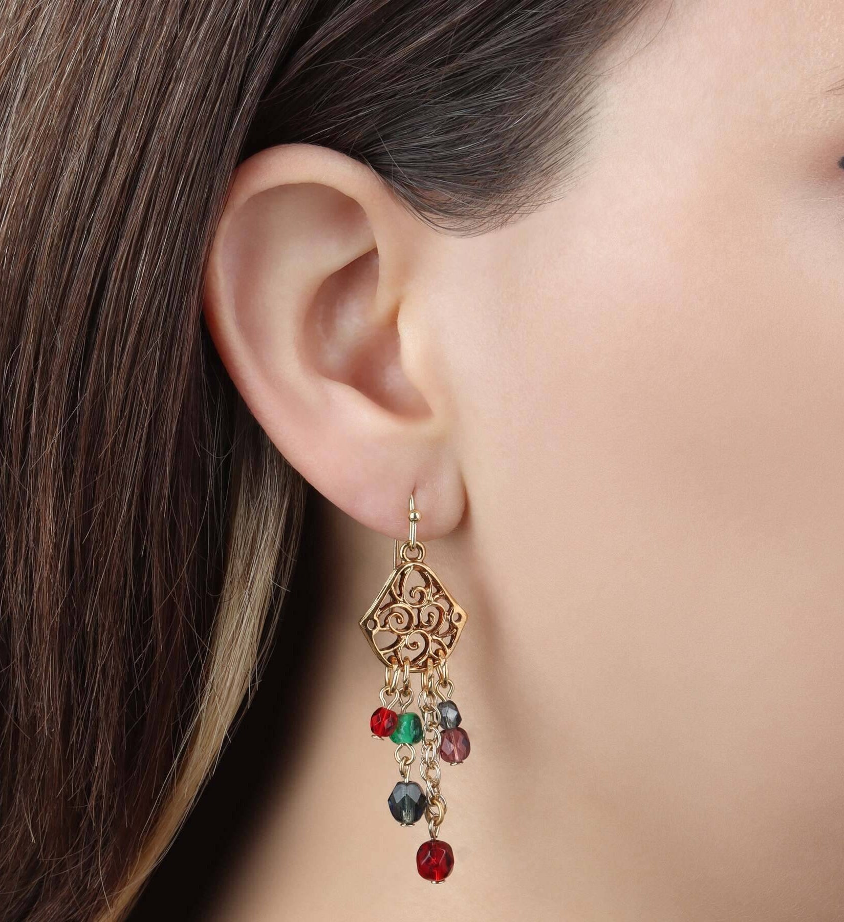 1928 Jewelry Harvest Crystals Filigree Dangling Earrings